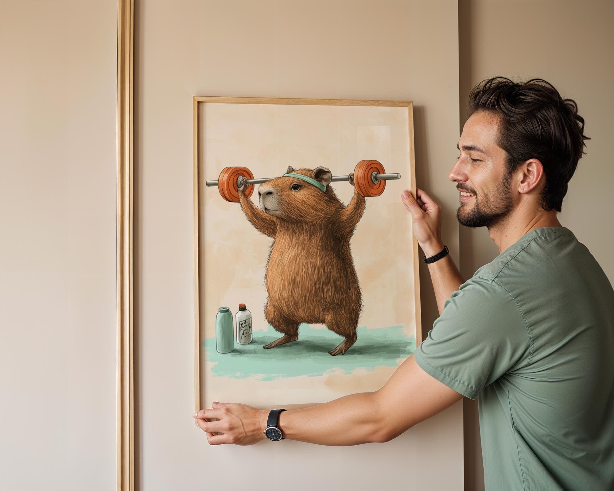 Funny Gym Capybara Wall Art, Funny Fitness Capybara Art Print, Quirky Wall Art, Fitness Motivation Decor, Quirky Capybara Weightlifting Art - view 3