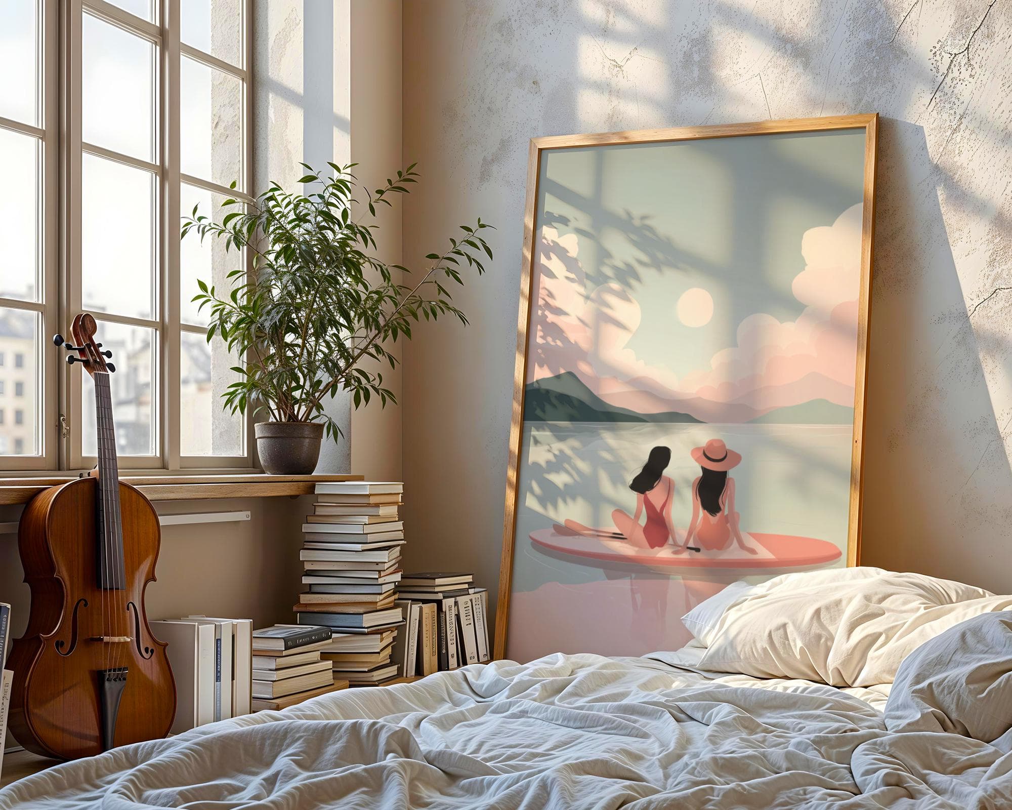 Sunset Paddle Board Wall Art – Pastel Coastal Print for Beach Decor, Minimalist Beach Print with Two Women, Soft Pink Ocean Paddleboard Art - view 4