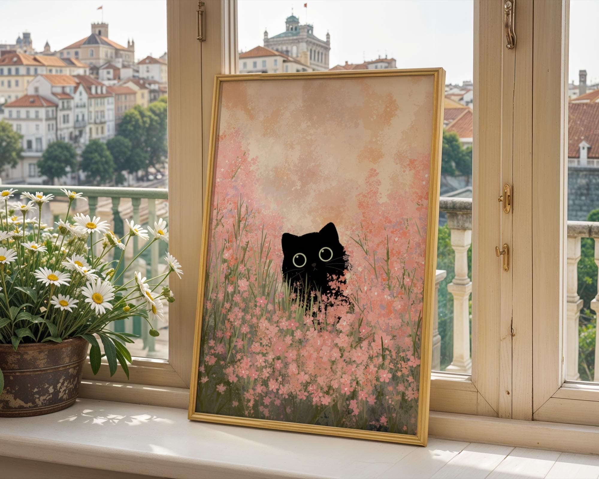 Black Cat in Pink Flower Field, Whimsical Animal Art, Floral Cat Wall Art, Black Cat Art Print, Whimsical Black Cat Painting, Black Cat Art - view 3