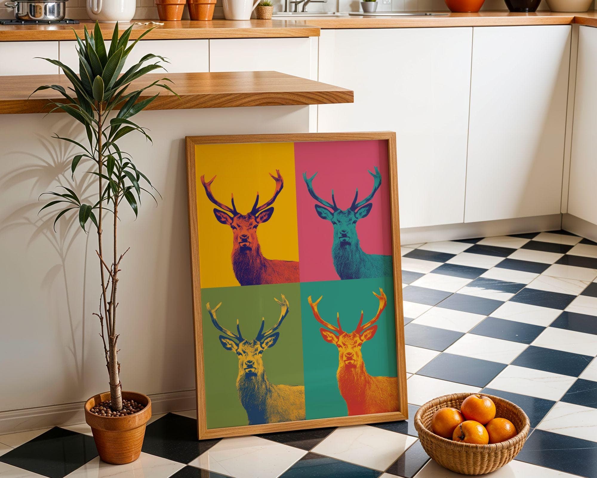 Pop Art Deer Quad | Colorful Stag Wall Art, Pop Art Deer Wall Art, Bold Stag Wall Art, Retro Deer Wall Art – Funky Pop Animal Poster - view 3