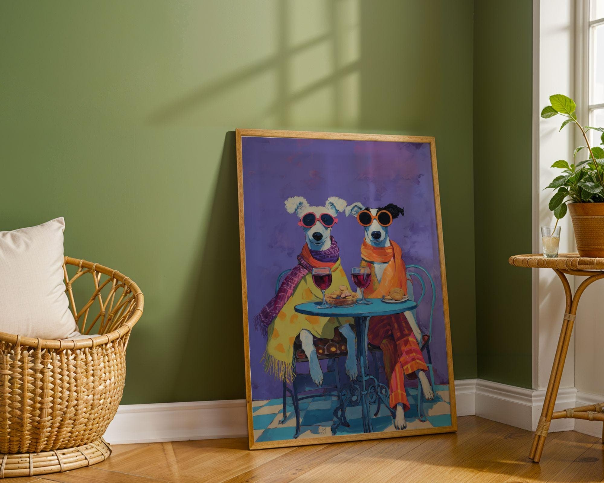 Funny Dog Couple Wine Wall Art, Quirky Dogs Kitchen Wall Art, Funny Animal Dog Painting, Whimsical Dog Couple Art, Wine Lover Gift, Dog Art - view 5