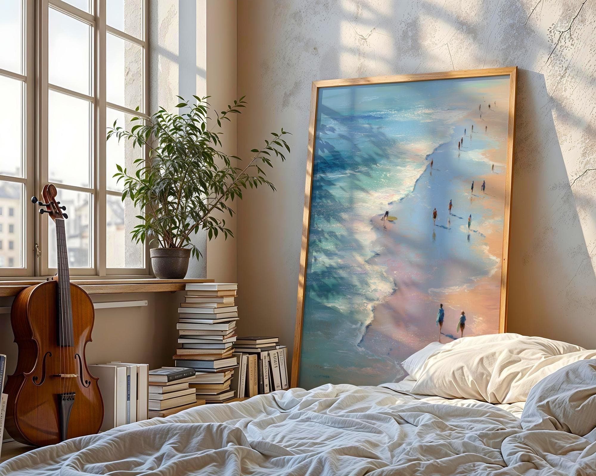 Beach Walk Painting Print – Coastal Wall Art with People, Ocean and Pastel Tones, Pastel Coastal Art Print, Minimalist Beach Painting - view 4
