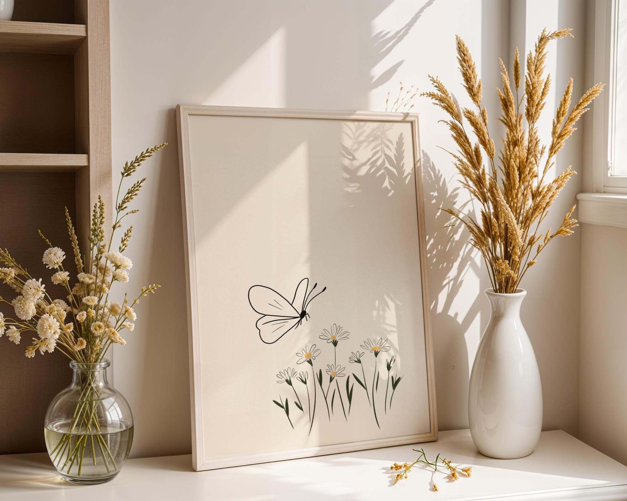 Minimalist Butterfly Wall Art, Scandinavian Nature Print, Soft Beige Wall Art, Line Drawing Butterfly Print, Beige Floral Wall Art - view 2