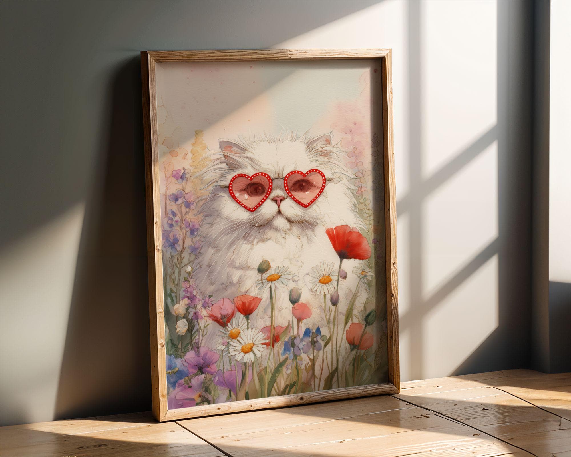 Cute Cat Wall Art Print, Watercolor White Cat in Heart Sunglasses, Floral Meadow, Pink Girly Decor, Cottagecore Cat Wall Art, Kidsroom Art - view 6