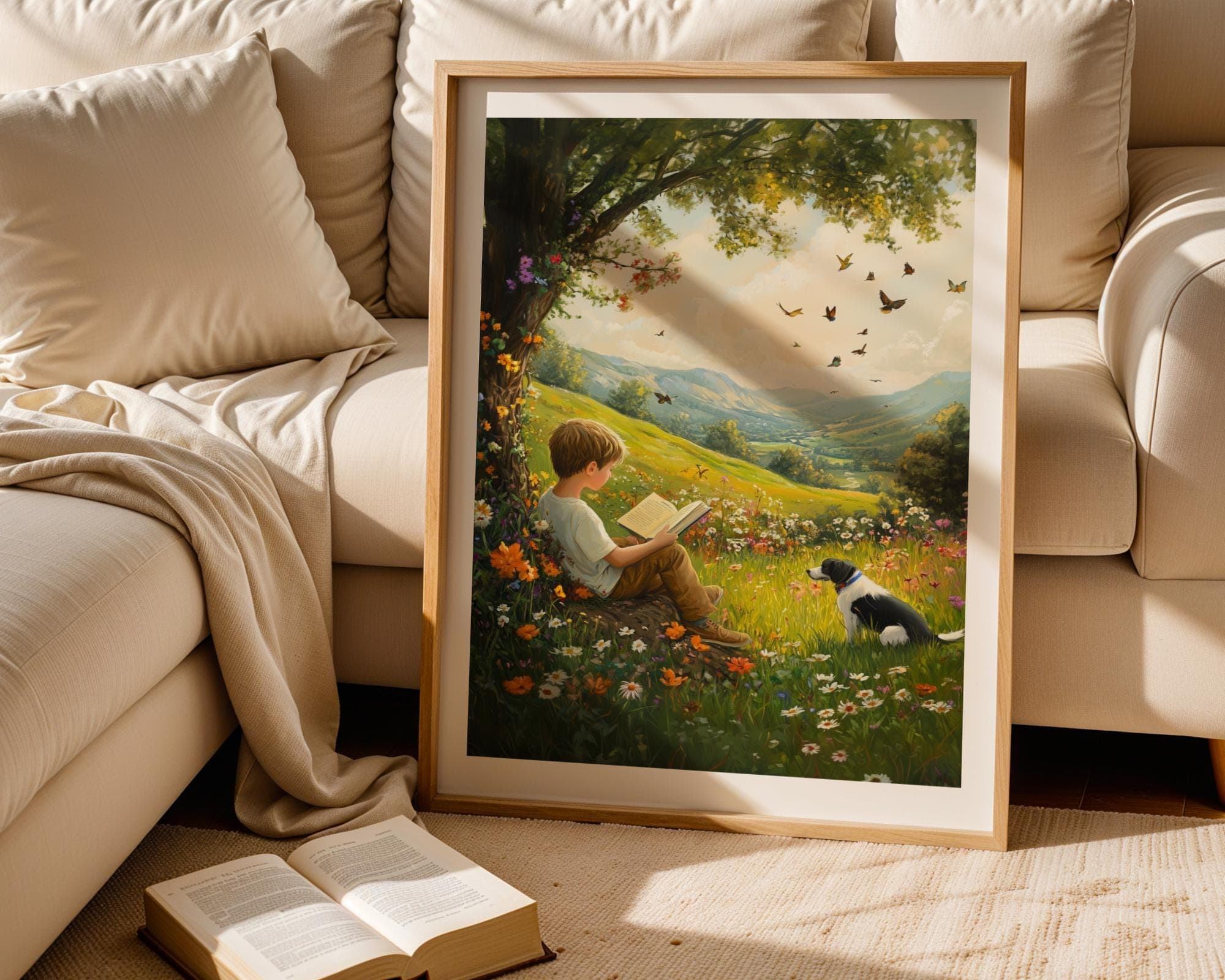 Fairytale Nature Art, Colorful Nature Landscape Art, Child and Dog Under Tree in Flower Meadow, Fantasy Landscape Art Print Digital Download - view 3