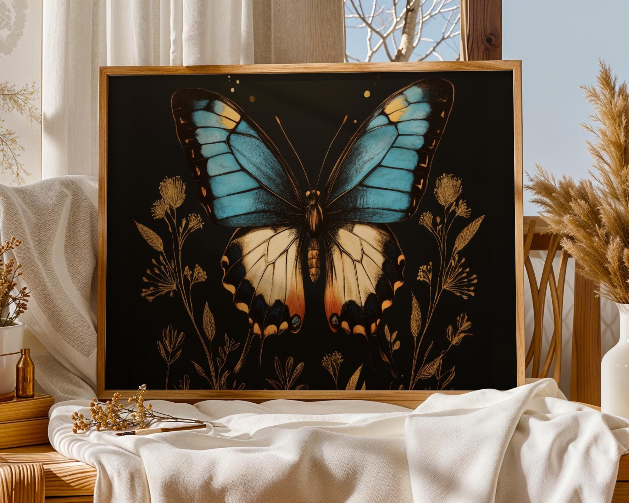 Blue Butterfly Botanical Wall Art Print – Vintage Insect, moody moth wall decor, butterfly printable, boho floral woodland moth cottagecore