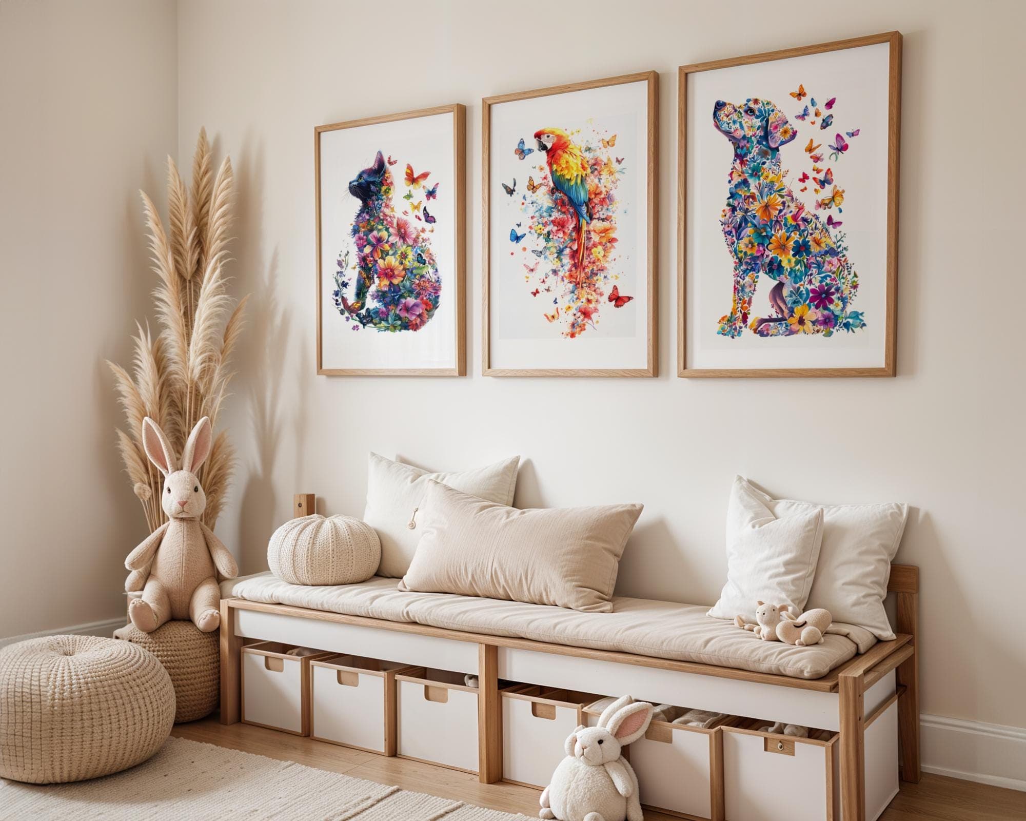 Whimsical Animal Wall Art Set, Floral Animal Art for Kids, Butterfly and Flower Animal Wall Art, Dog, Cat, Parrot Art Prints for Kids, Set 3 - view 4