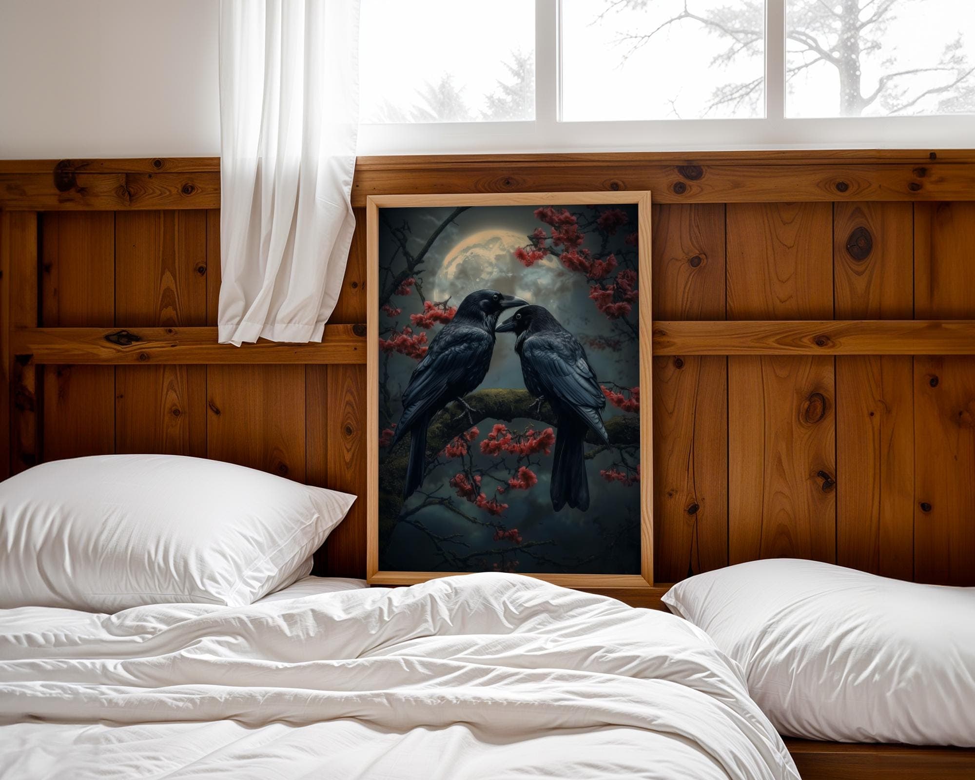 Moonlit Ravens Wall Art Print, Gothic Romance Crow Poster, Dark Academia Raven and Cherry Blossom Painting, Dark Romantic art, Gothic Art - view 5