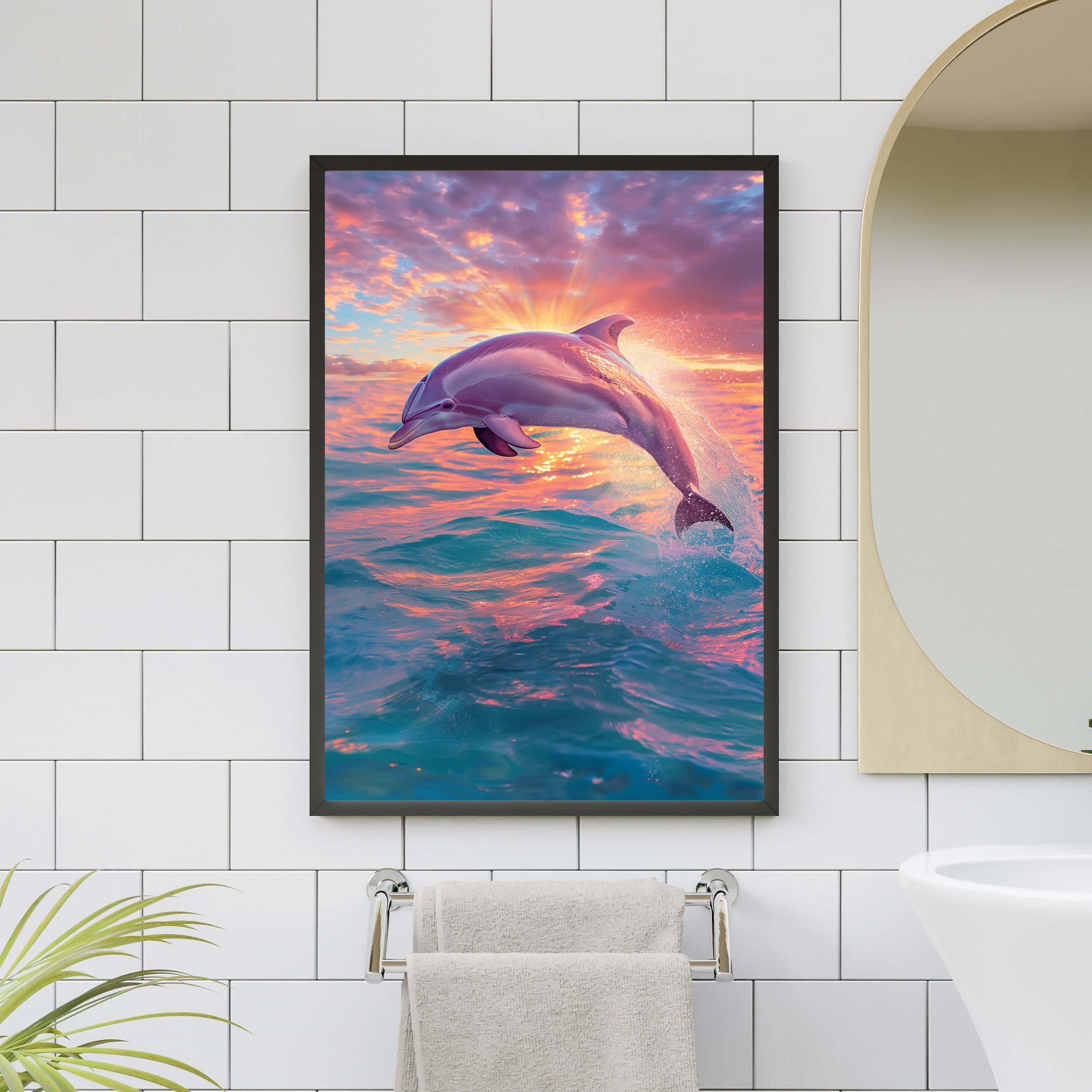 Dolphin Sunset Poster, Oil Painting, Dolphin Digital Printable Wall Art, Dolphin Digital Wall Art, Aesthetic Art Bathroom, Bathroom Decor - view 5