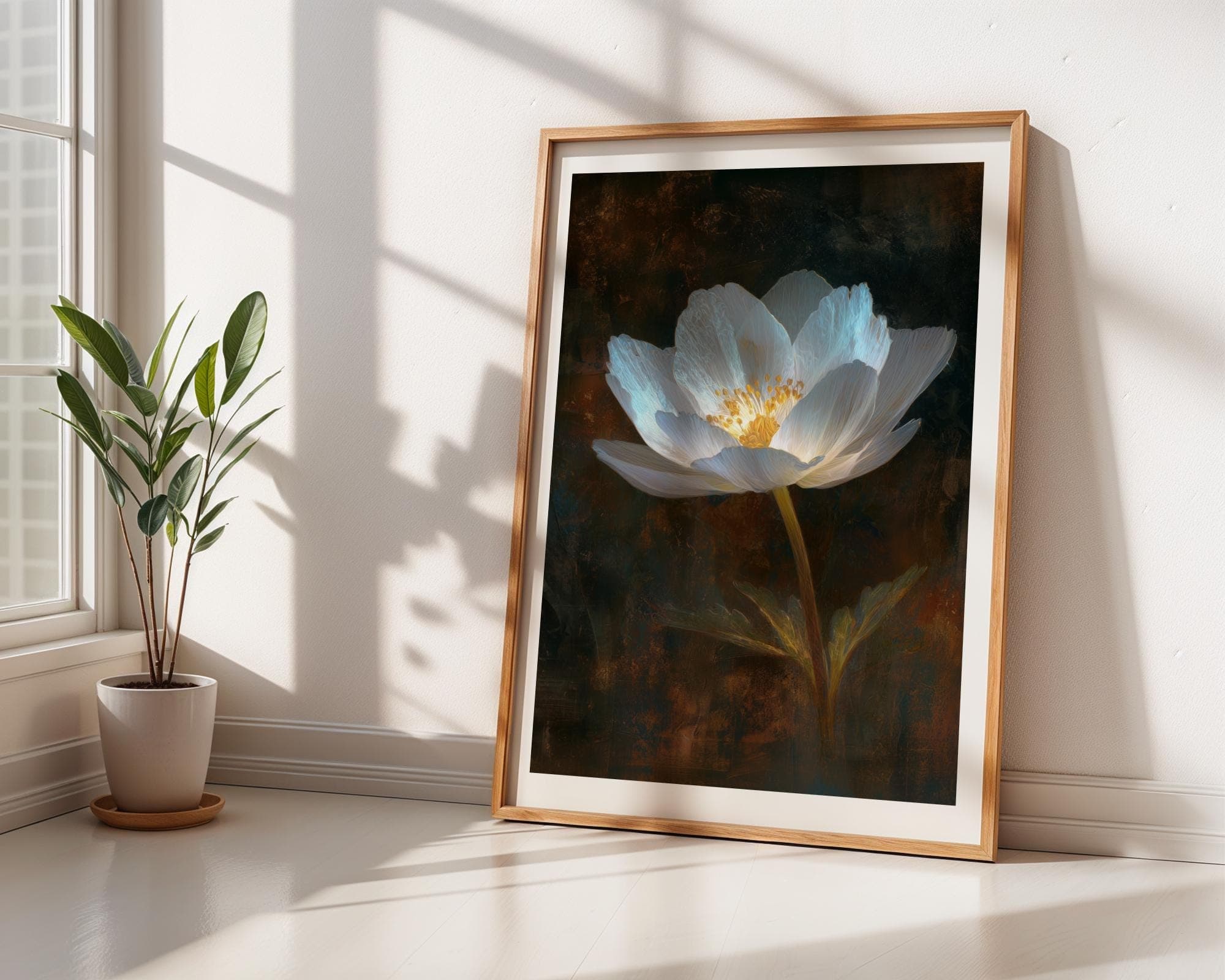 White Wildflower Wall Art Botanical Painting Print on Dark Rustic Background, Moody Floral Painting, White Flower Wall Art, Botanical Print - view 6