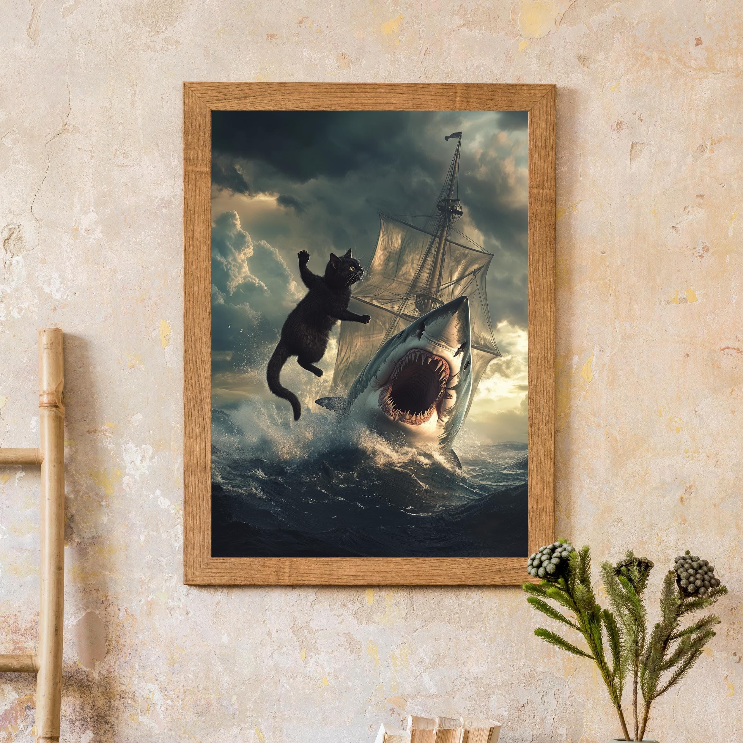Black Cat in a Sea Battle with Shark Wall Art, Stunning Digital Wall Art, Maximalist Cat and Shark Wall Art, Funny Black Cat Wall Decor - view 5