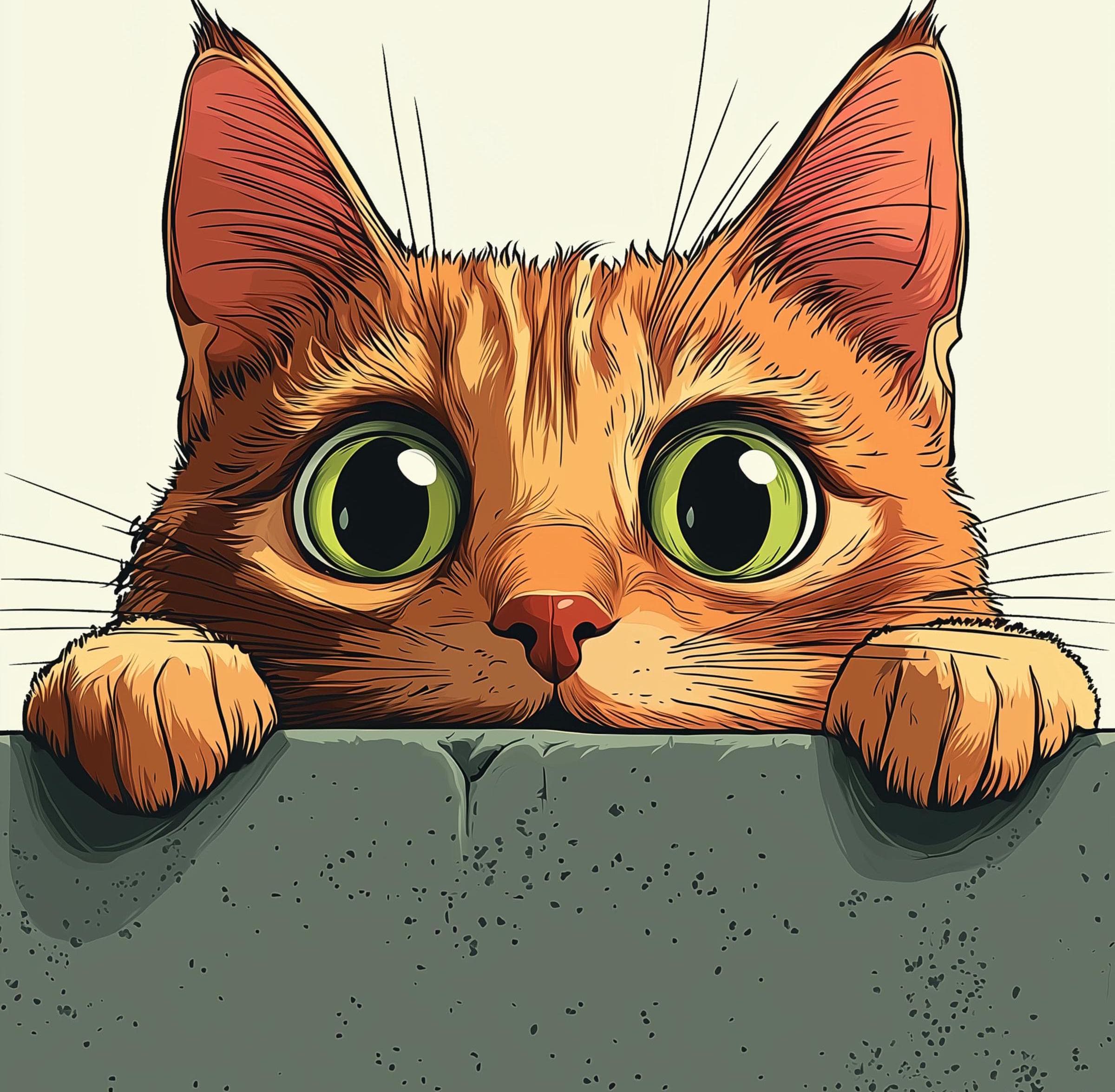 Whimsical Cat Peeking Art Print, Colorful Digital Wall Decor, Cute Cat Peeking Wall Art,  Playful Wall Decor for Kids' Room, Ginger Cat Art - view 2