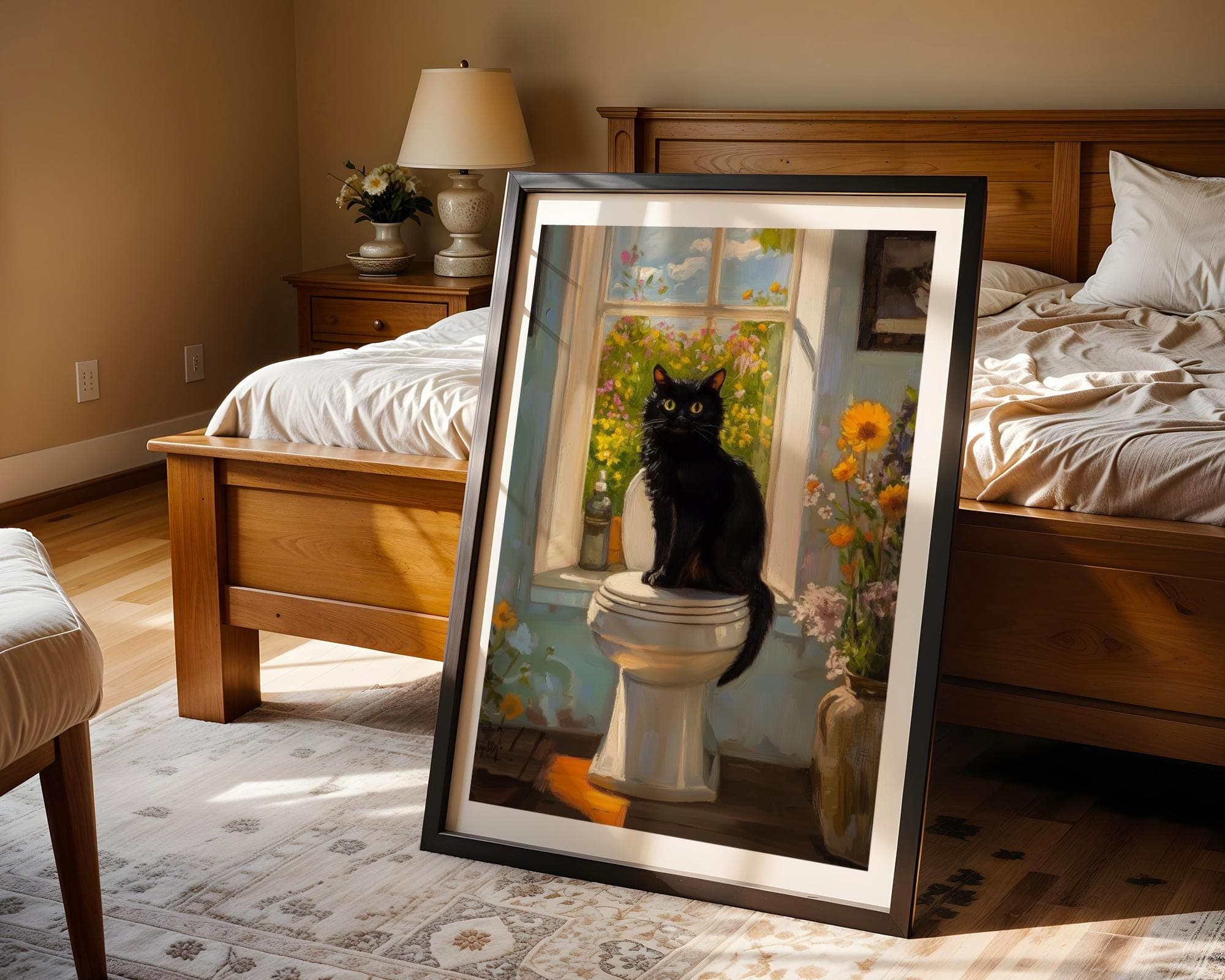 Vintage Black Cat on Toilet, Black Cat Oil Painting, Bathroom Cat Print, Funny Posters, Funny Bathroom Wall Decor, Quirky Cat Poster - view 5