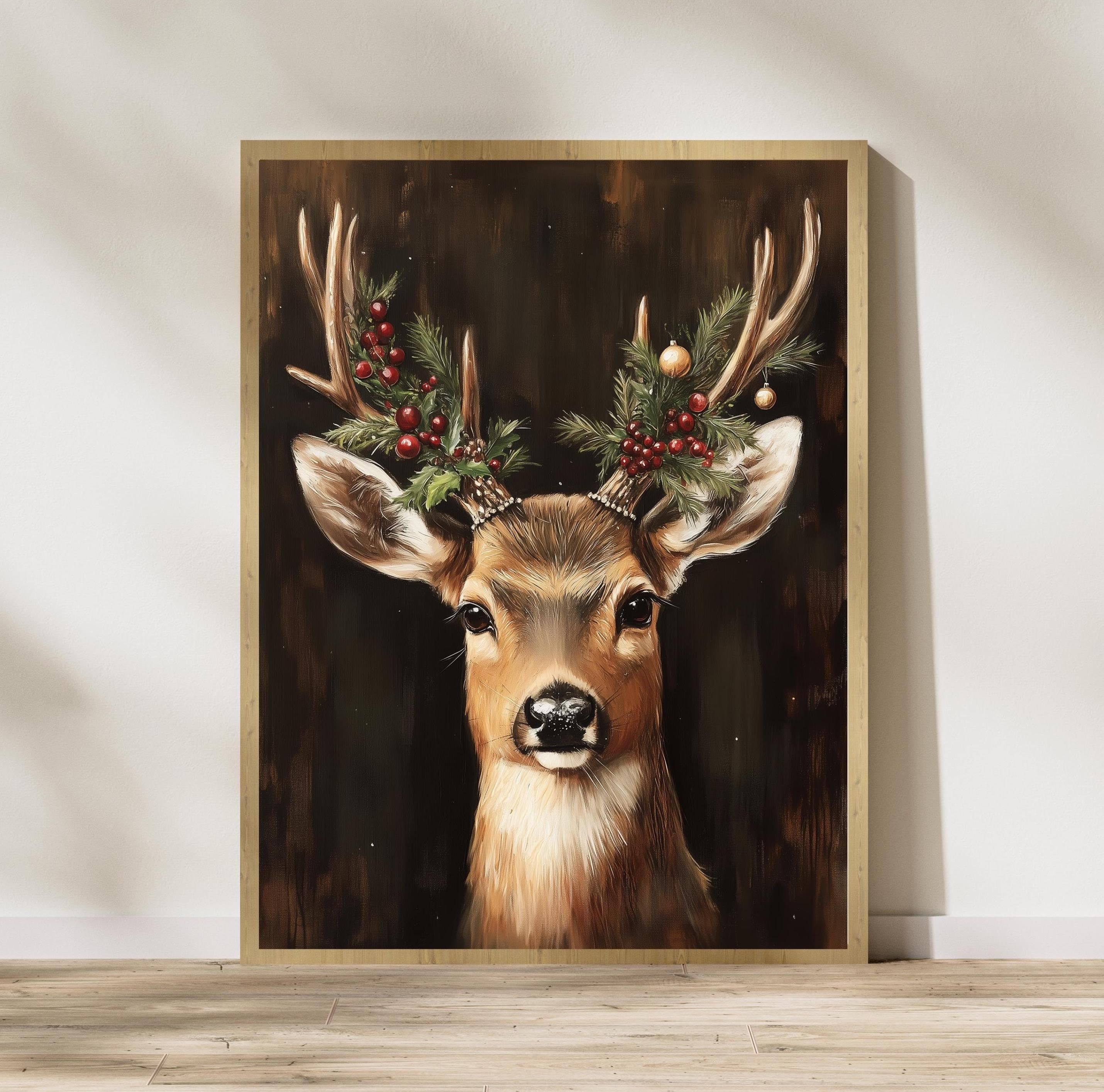 Christmas Reindeer Print, Vintage Deer Print, Farmhouse Decor, Winter Wall Art, Christmas Festive Decor, Digital Download, Deer Poster