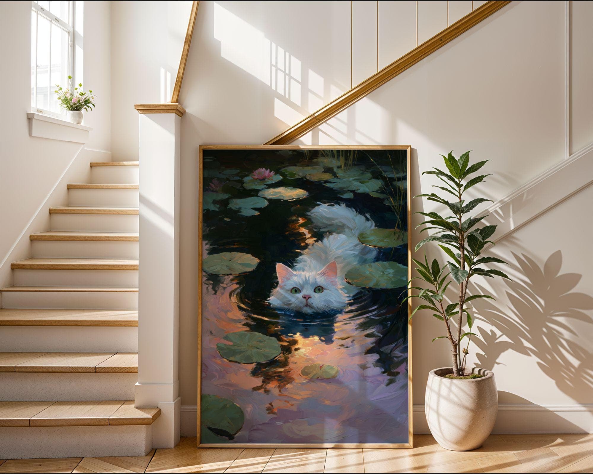 White Cat in Lily Pond, White Cat Painting, Dreamy Pond Wall Art, Bathroom Wall Art, Whimsical Cat Poster, Cottagecore Cat Art, White Cat - view 5