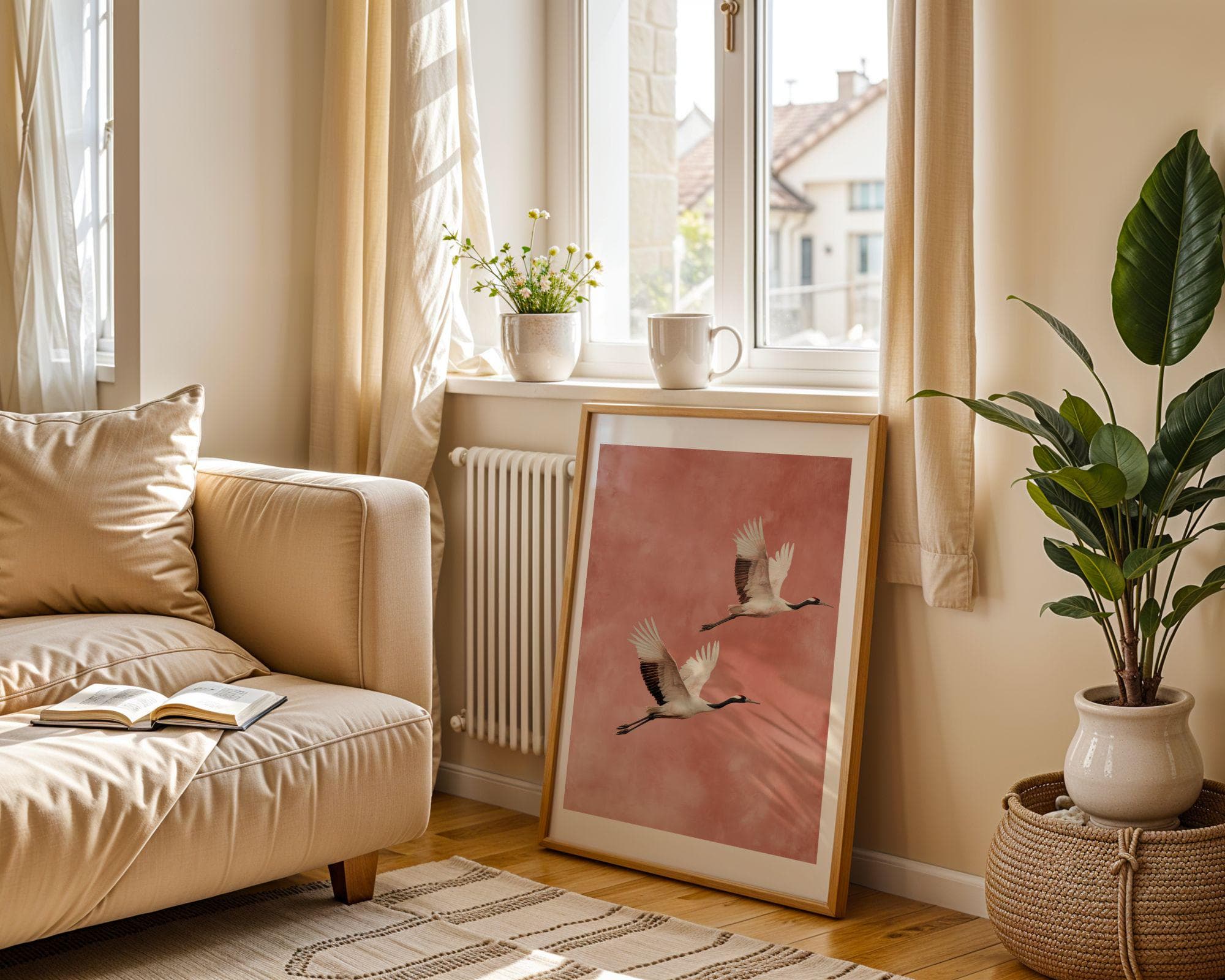 Japandi Crane Wall Art, Wabi-Sabi Decor, Scandinavian Wall Art,Minimal Birds, Neutral Tones, Flying Crane Wall Art, Blush Pink Bird Painting - view 4