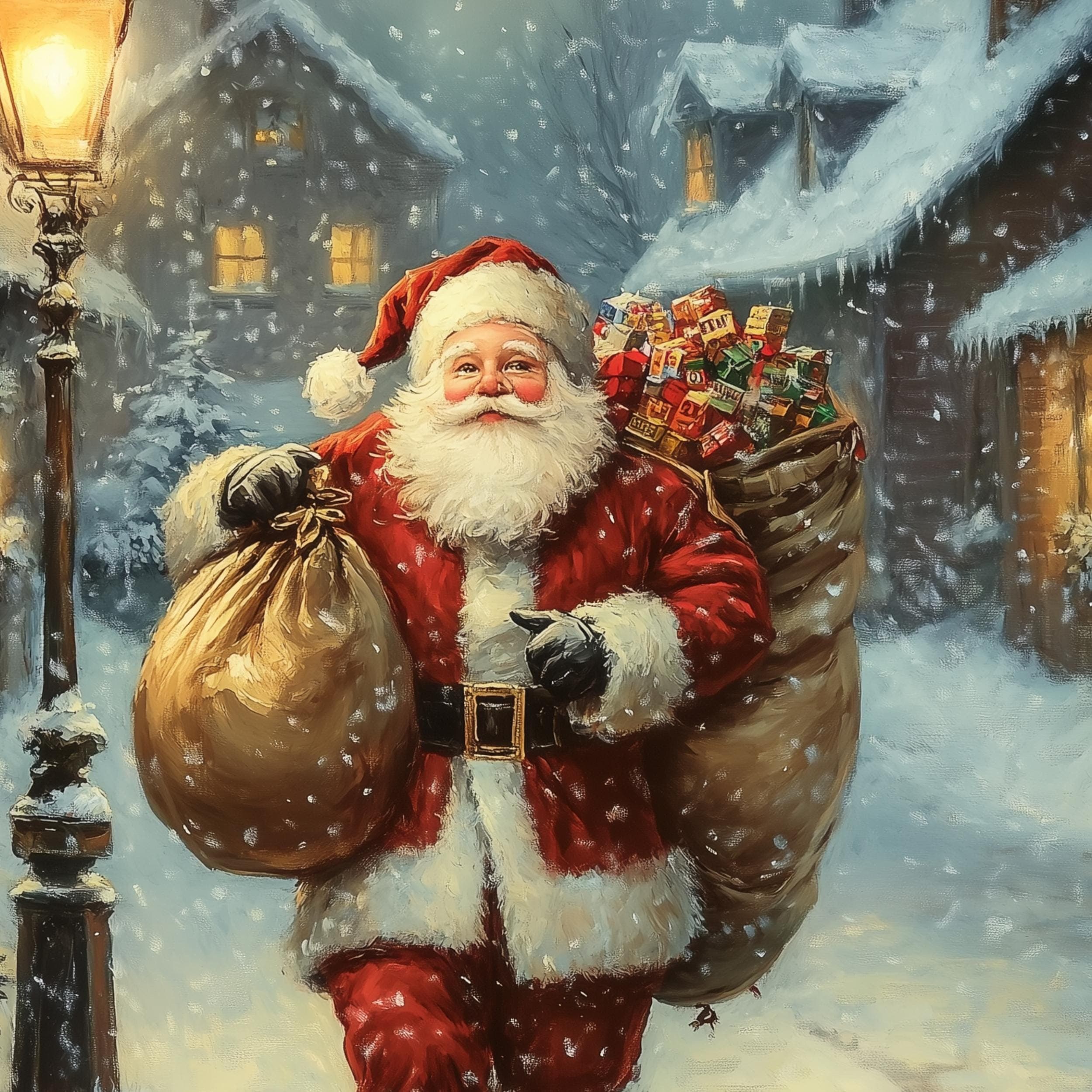 Santa Claus Wall Art, Vintage Christmas Santa Claus Canvas, Digital Download, Holiday Wall Art, Cozy Snow Wall Art, Classic Santa Painting - view 2