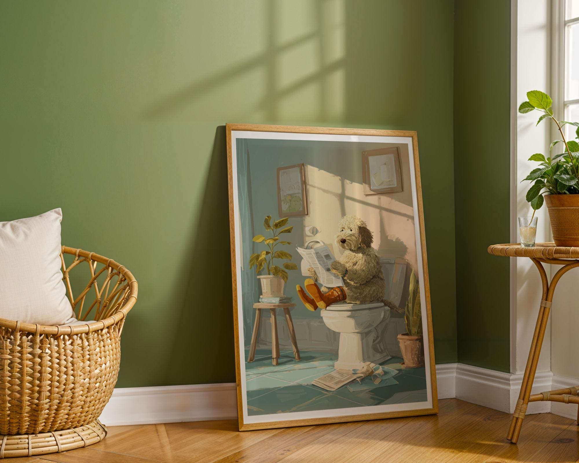 Funny Bathroom Dog Wall Art Print, Whimsical Poodle Reading Newspaper on Toilet, Funny Bathroom Dog Poster Print, Quirky Bathroom Poster - view 5