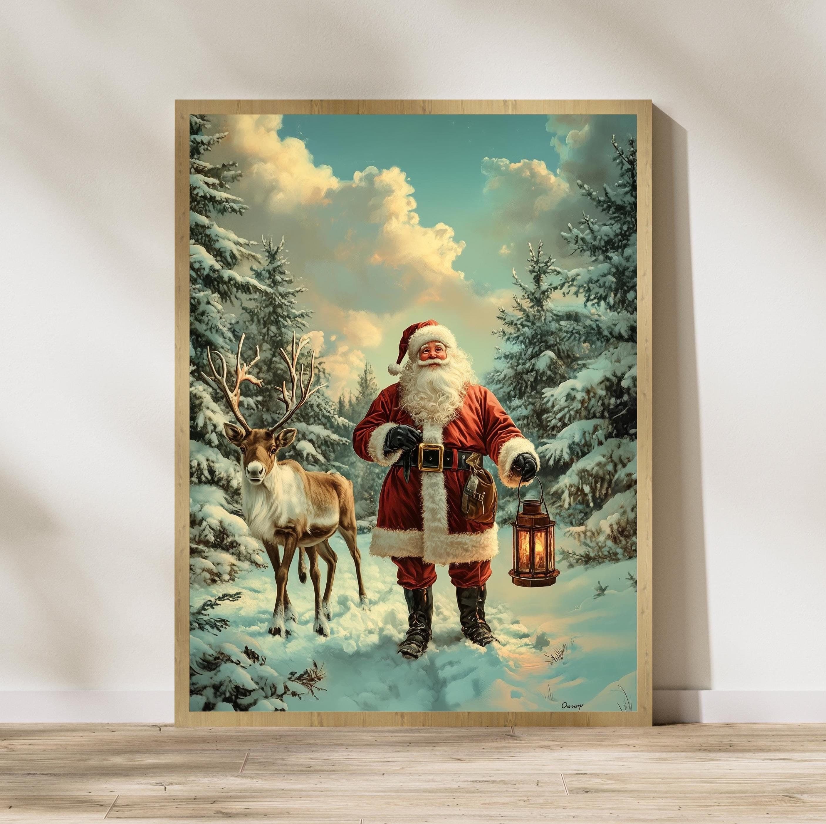 Santa Claus and Reindeer in a Snowy Forest - Winter Christmas Wall Art Print, Nostalgic Christmas Wall Decor, Christmas Wall Art, Santa Art