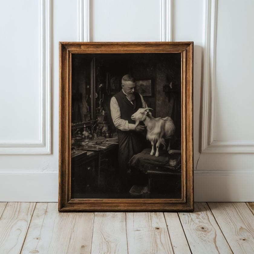 Vintage Goat at Barber Wall Art Print, Funny Sepia Style Animal Portrait, Antique Animal Decor, Rustic Goat Wall Print, Vintage Home Decor