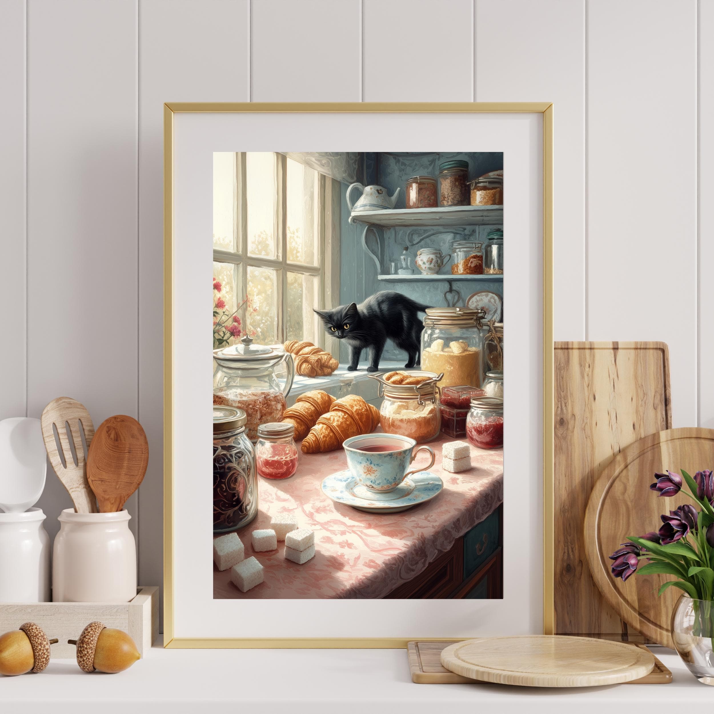 Whimsical Black Cat with Pastries Art, Farmhouse Kitchen Art, Digital Animal Wall Art, Black Cat Kitchen Poster, Kitchen Wall Decor - view 3