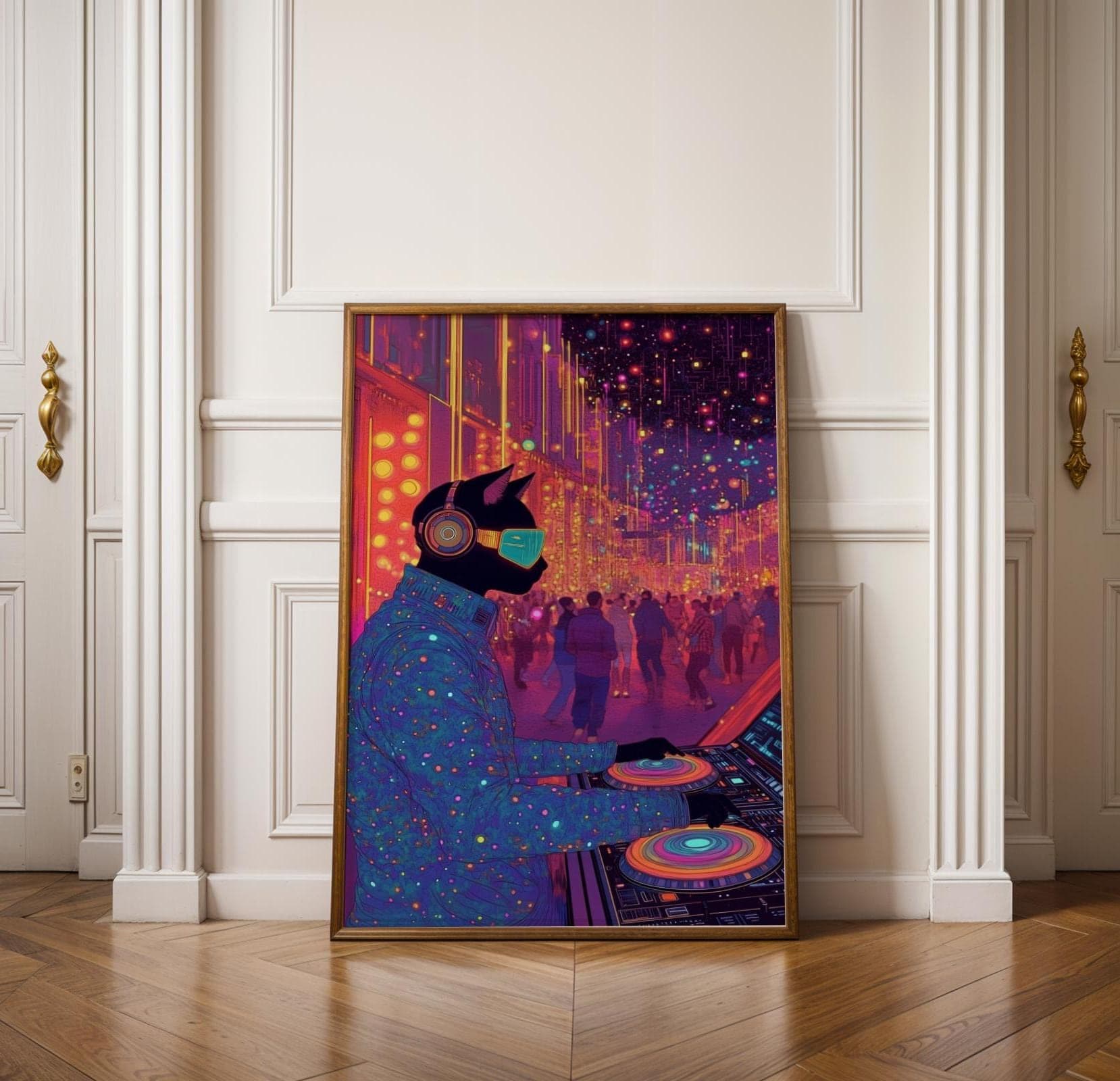 Cyberpunk Cat DJ Wall Art, Neon Futuristic Music Print for Gaming Rooms, Digital Download, Furry DJ Cat Art, Techno Cat DJ Poster,  Cat Art