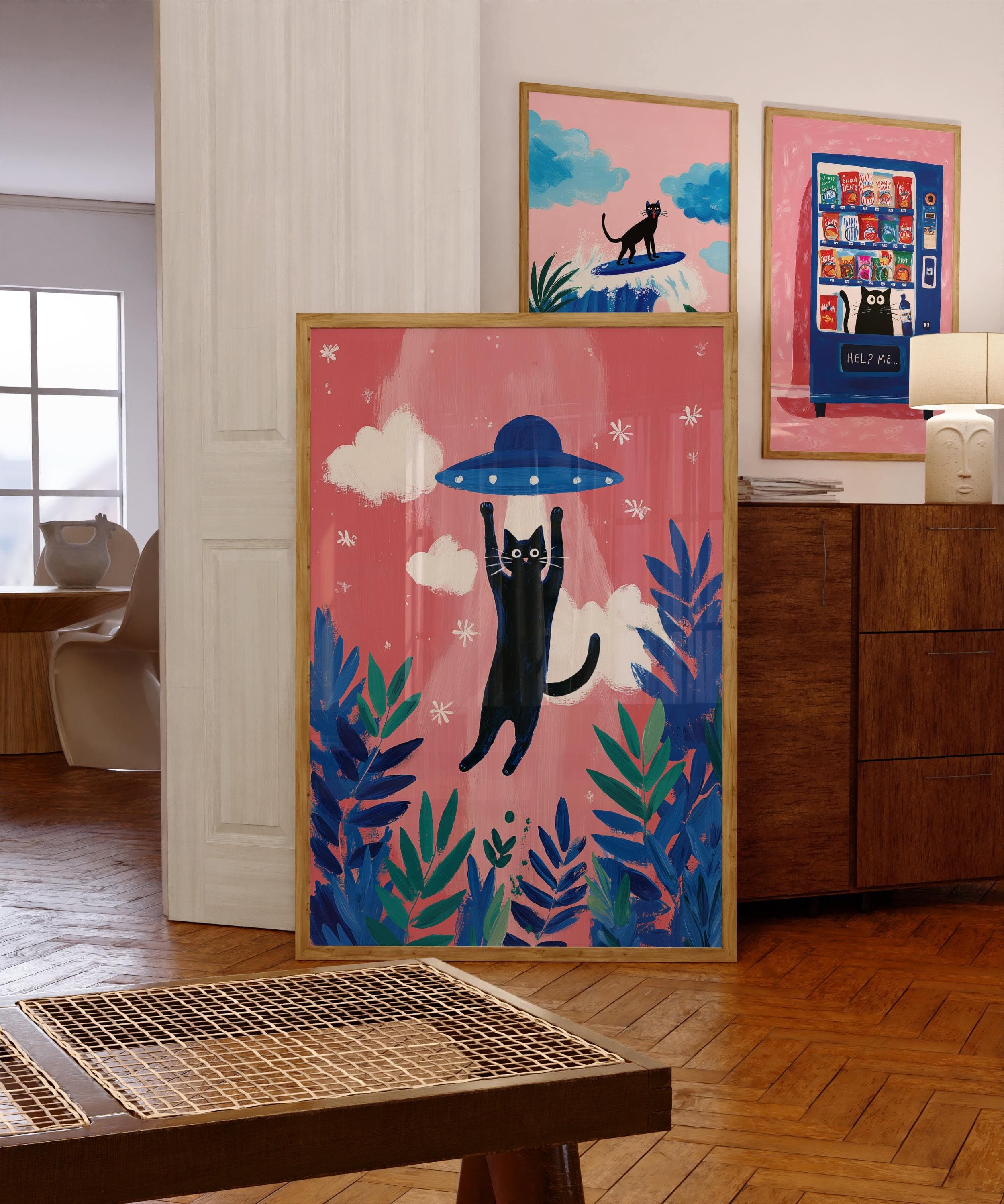 Black Cat UFO Abduction Art, Quirky Pop Art Print, Whimsical Pop Art Decor, Quirky Cat Decor, Whimsical Wall Print, Funny Black Cat Art