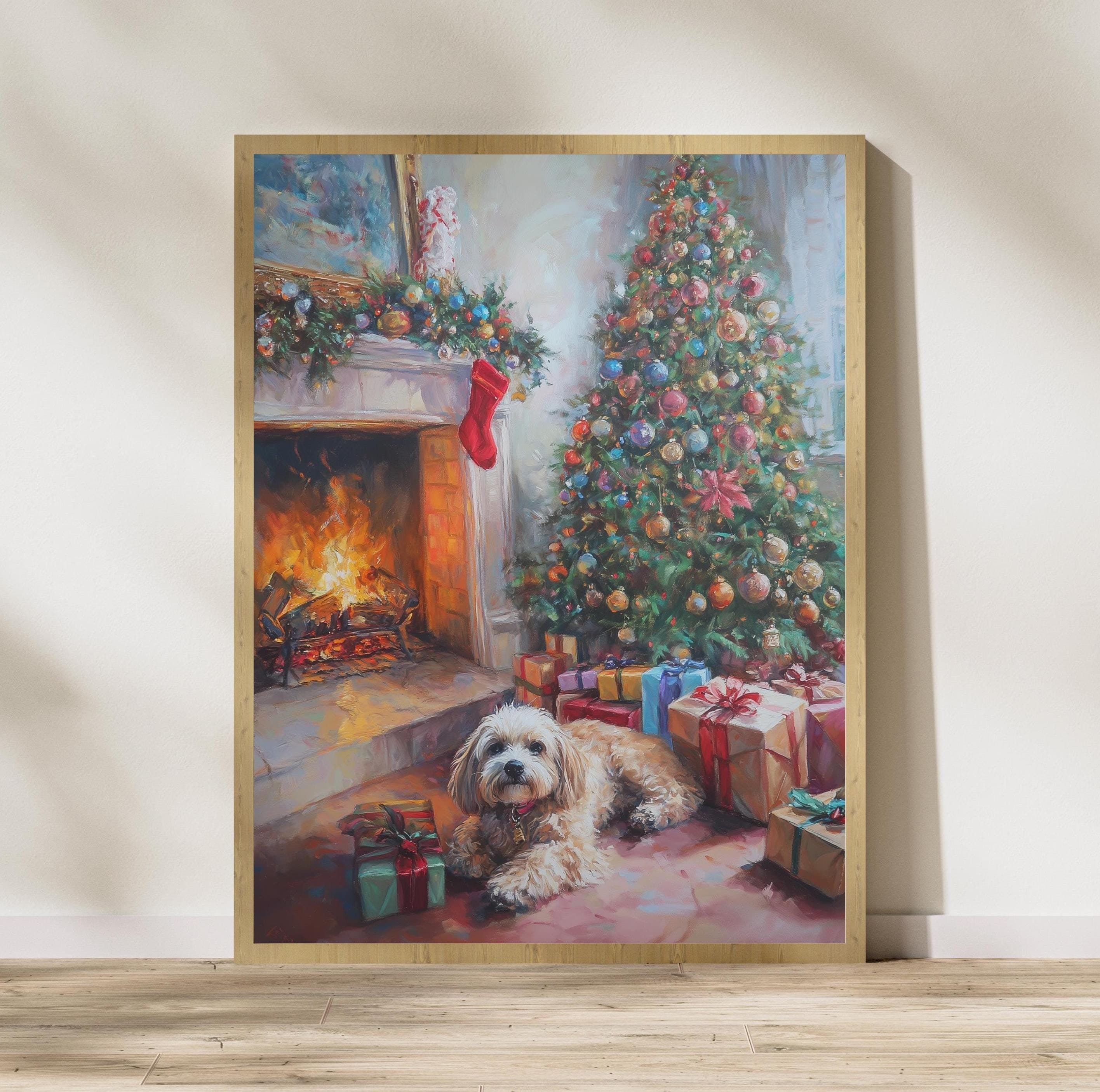 Festive Christmas Dog Painting, Rustic Christmas Wall Art, Warm Christmas Print, Festive Fireplace Art, Digital Download, Dog Christmas Art