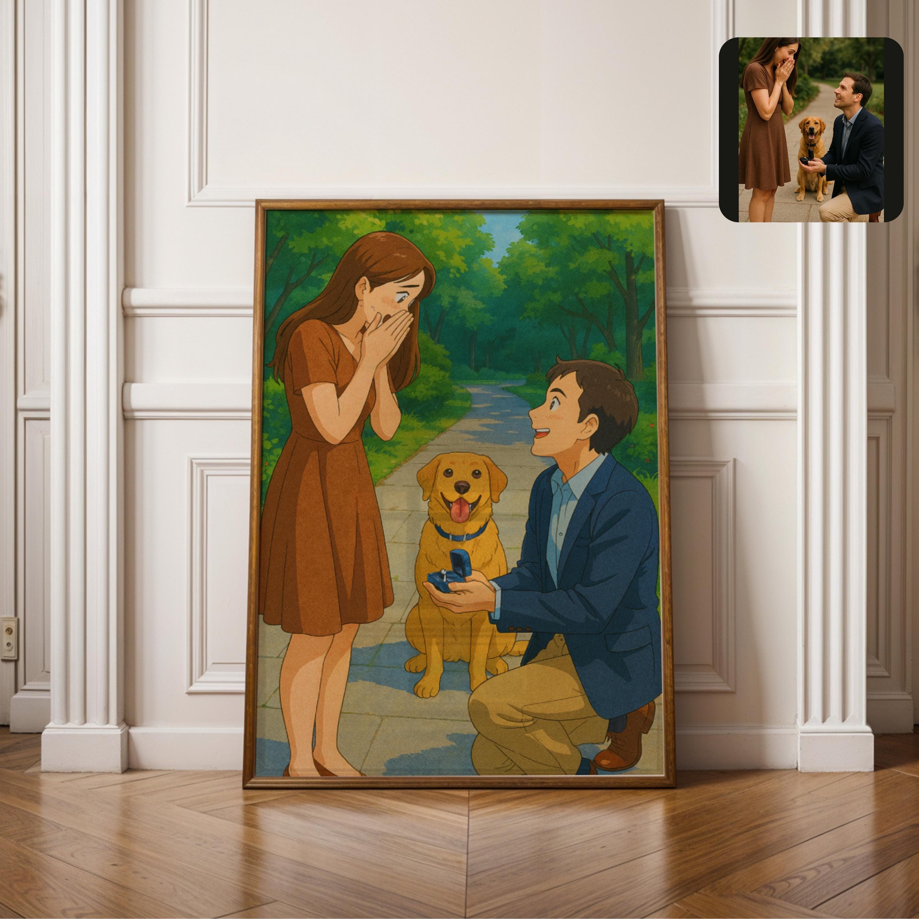Custom Couple Anime Portrait, Hand Drawn Anime Portrait, Custom Cartoon Style Art, Personalized Couple with Dog in Cartoon Style for Lovers - view 2