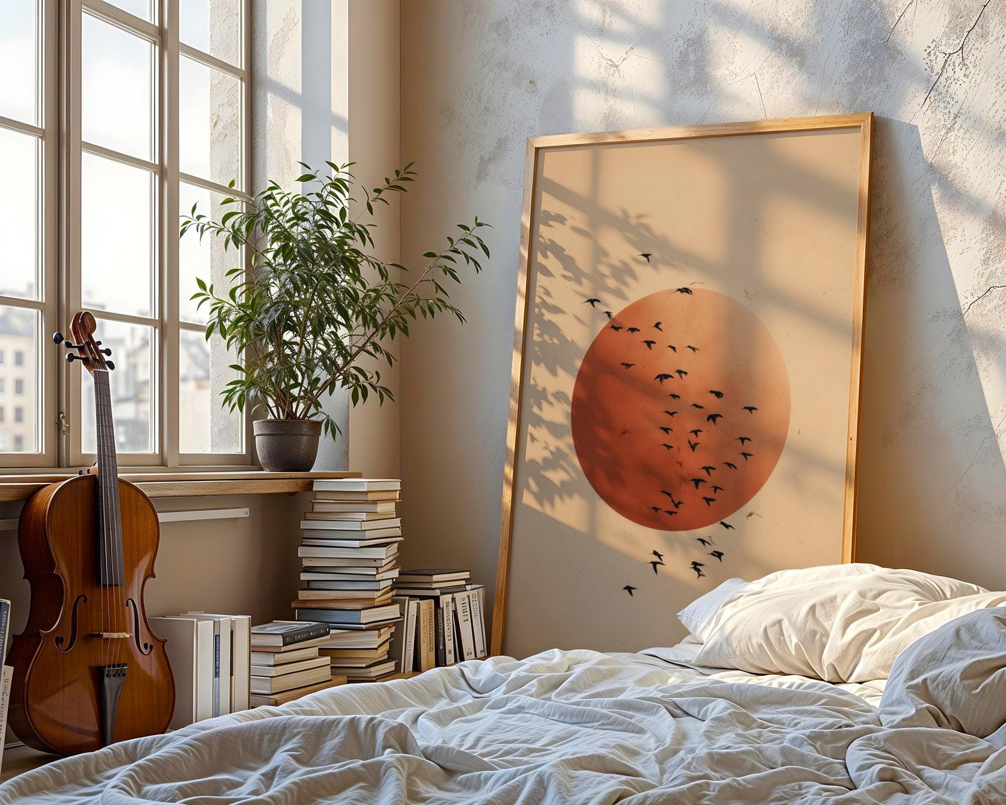 Japandi Minimalist Wall Art | Beige Sun and Flying Birds Print | Modern Zen Nature Poster, Printable Wall Art, Scandinavian Minimalist Print - view 2