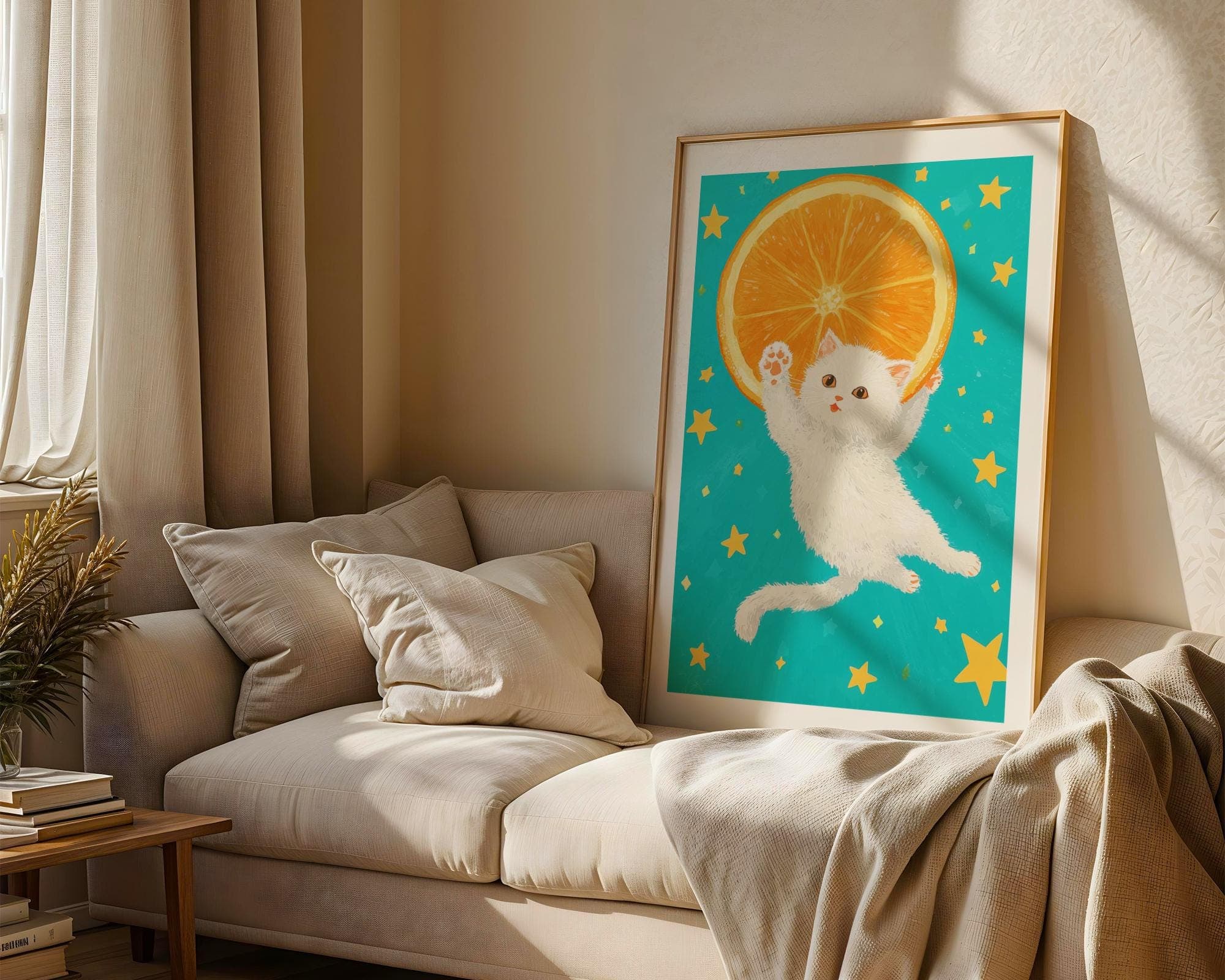 Kawaii White Cat with Orange Slice Wall Print, Whimsical Wall Art, Colorful Cute Kitten Wall Print, Kawaii Starry Sky Wall Art, Digital Art - view 2