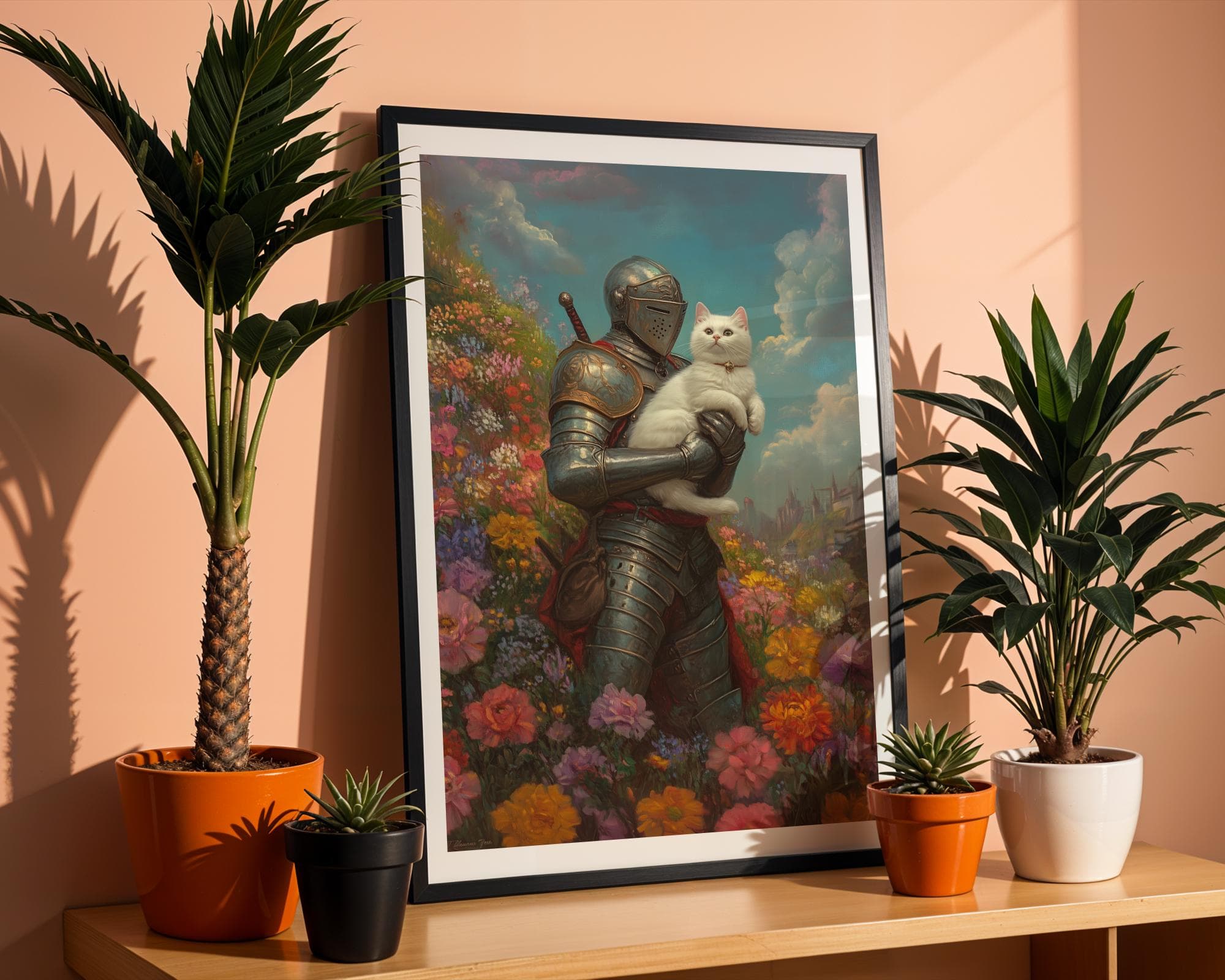 Medieval Knight and Cat Art, Whimsical Fantasy Wall Print - Romantic Renaissance Decor, antasy Cat Wall Art - Knight Aesthetic Poster - view 2