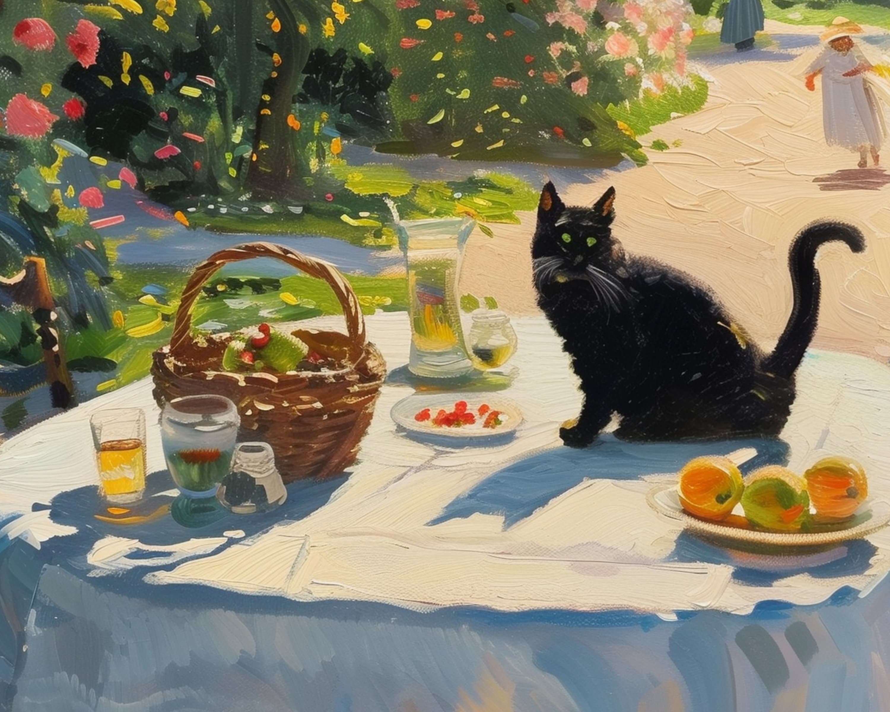 Cat Garden Landscape Art Print, Oil Painting, Monet Black Cat Art, Fresh Fruits Wall Art, Nature Lovers Decor, Monet Painting, Cat Mom Gift - view 2