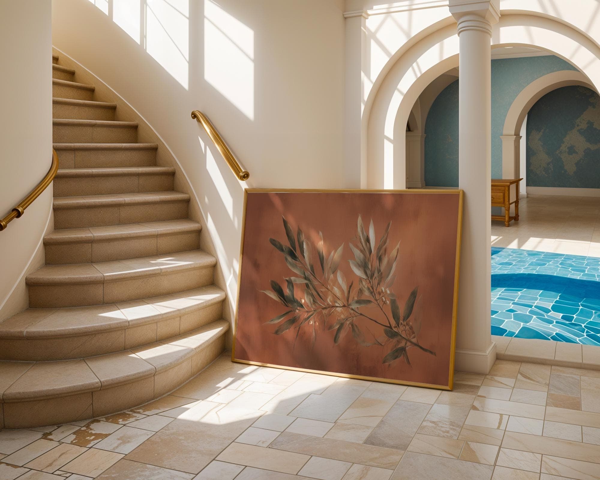 Earthy Botanical Wall Art with Olive Leaves and Warm Beige Background | Digital Rustic Nature Print, Rustic Olive Branch Wall Art, Olive Art - view 5
