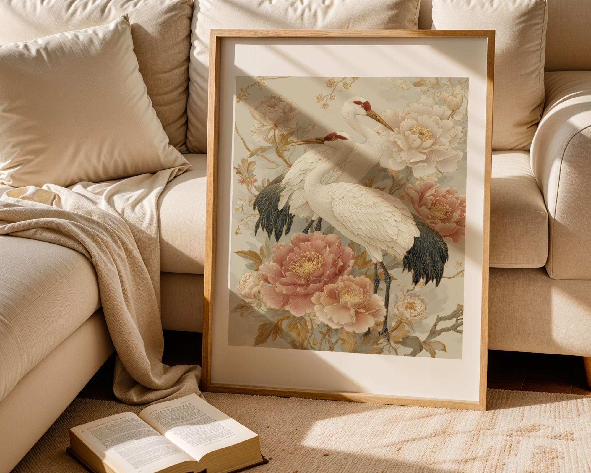 Japanese Crane Wall Art Print, Vintage Asian Bird Painting, Chinoiserie Floral Decor, Elegant Oriental Art, Crane Wall Art Vintage Floral - view 4