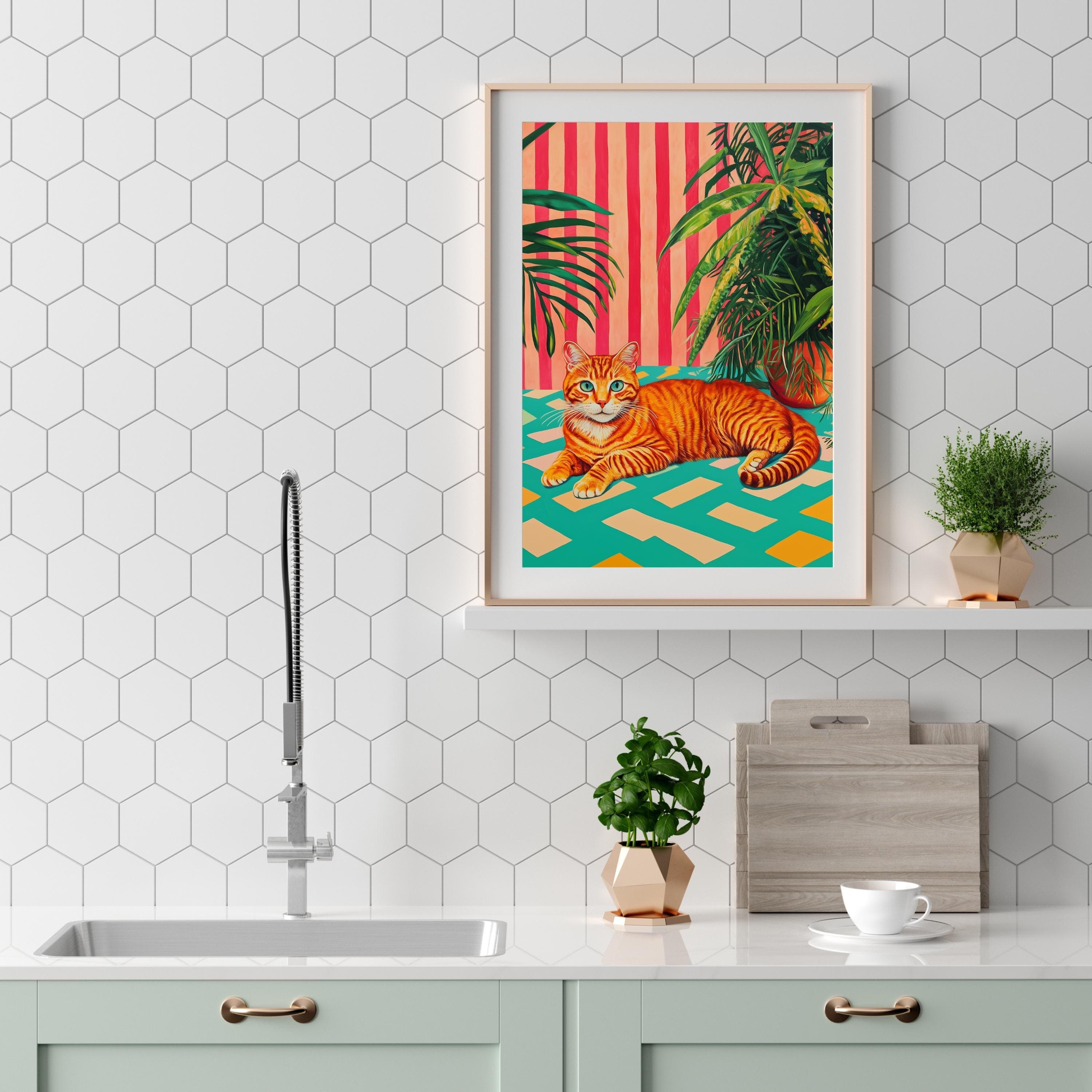 Orange Tabby Cat with Plants Poster, Modern Art Poster,Whimsical Orange Cat with Green Plants, Retro Striped Wall Art, Retro Vibes Art Print - view 7