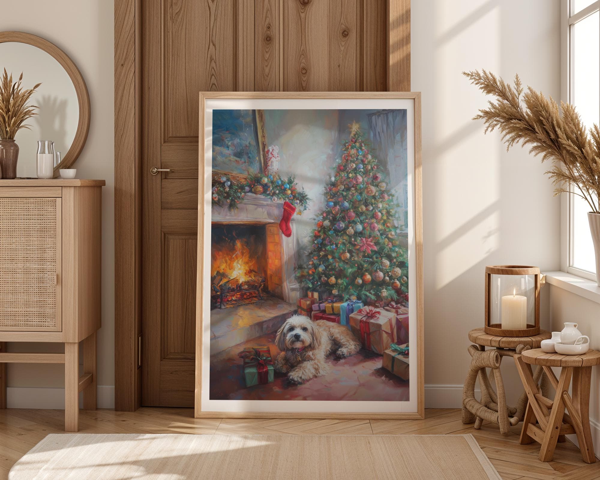 Festive Christmas Dog Painting, Rustic Christmas Wall Art, Warm Christmas Print, Festive Fireplace Art, Digital Download, Dog Christmas Art - view 3