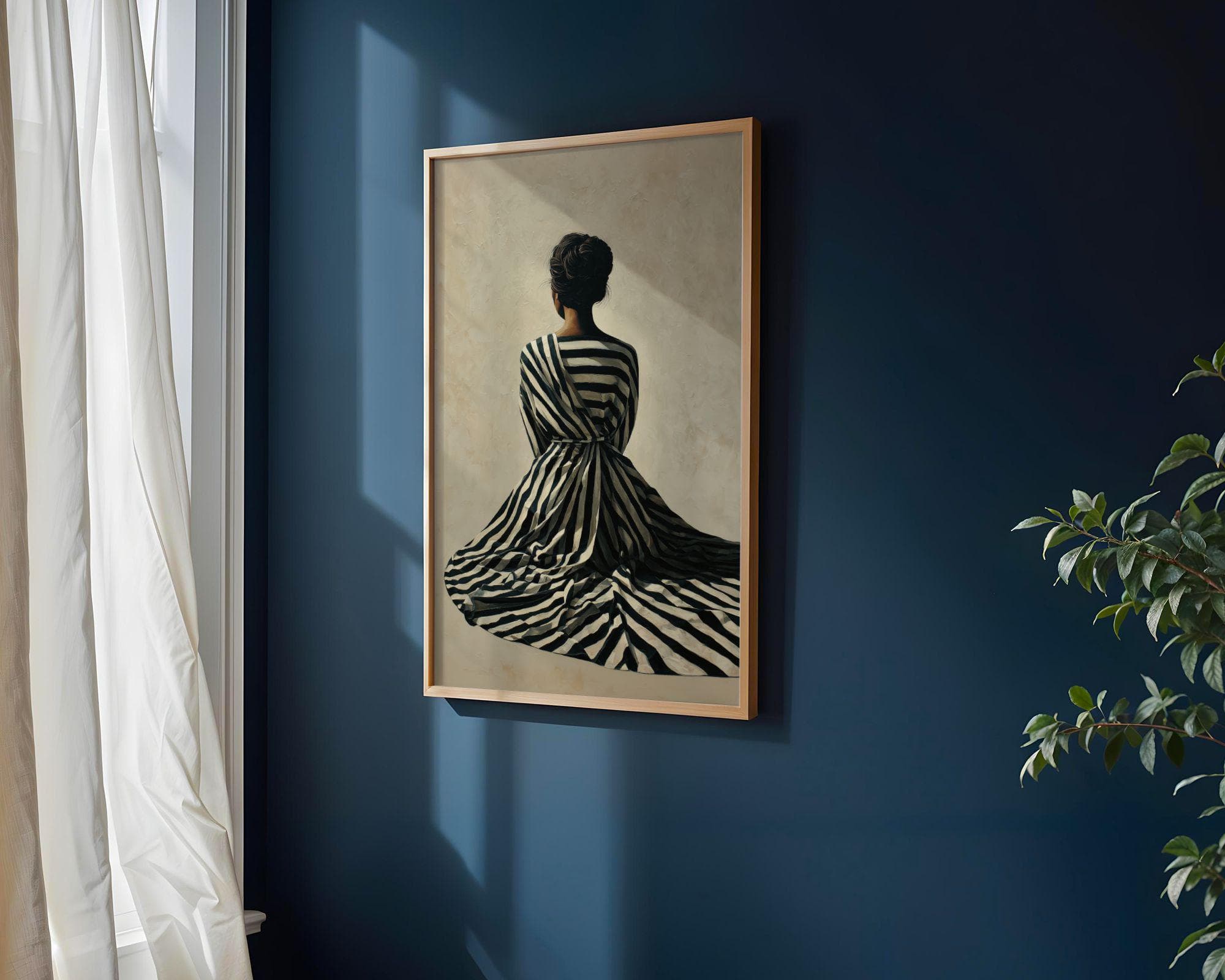 Black Woman Wall Art, Fashion Portrait, Neutral Tone Wall Art, Striped Dress Woman Print, Chic Fashion Illustration Print, Modern Aesthetic - view 2