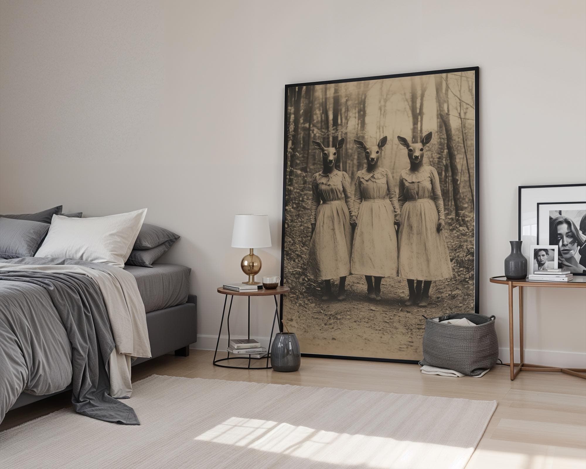 Vintage Surreal Deer Mask Women Wall Art – Spooky Forest Print, Surreal Wall Art, Spooky Surreal Wall Decor, Gothy Sepia Fantasy Wall Decor - view 6
