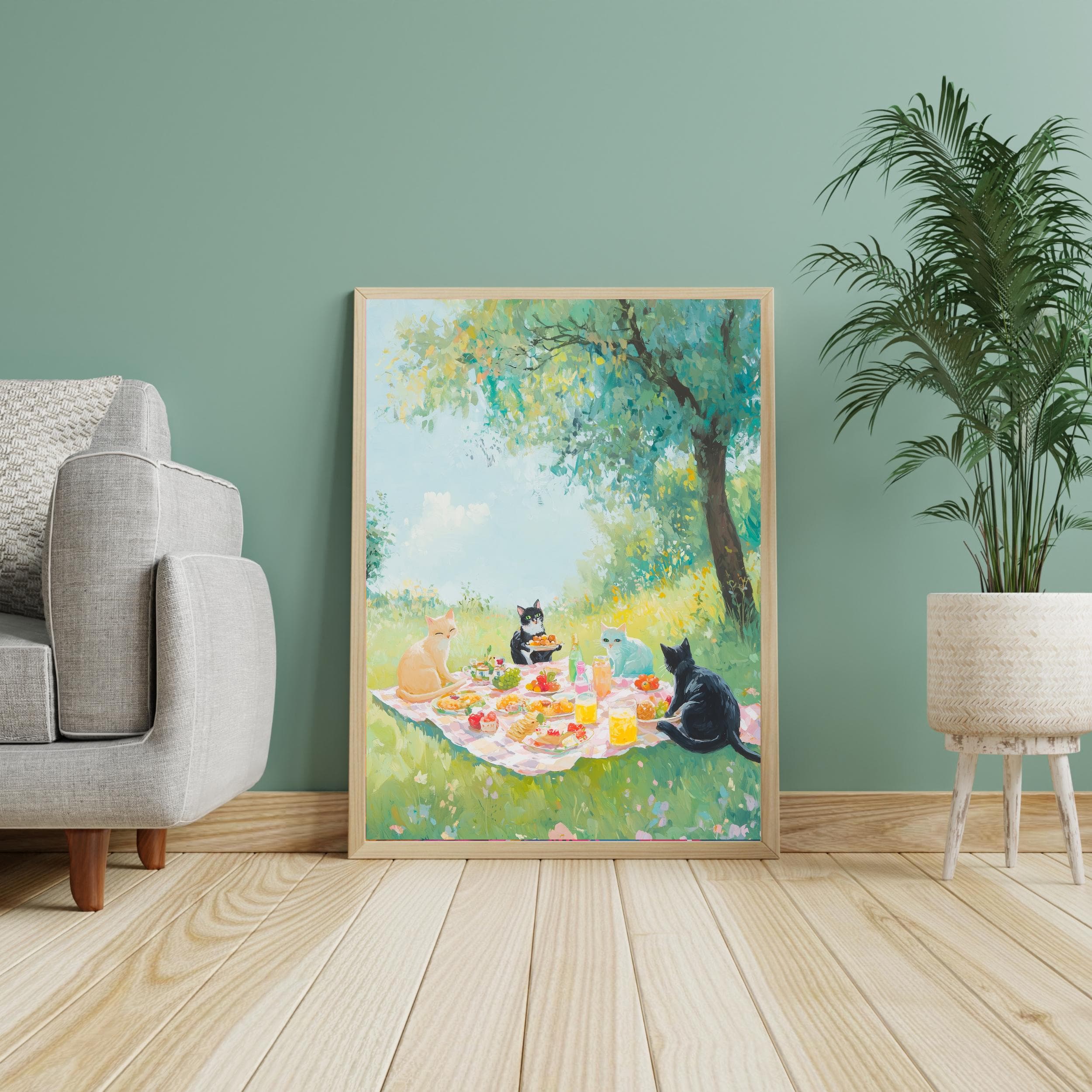 Pastel Cat Picnic Digital Art, Maximalist Dopamine Decor, Colorful Cat Poster, Kitsch Aesthetic Wall Art, Trendy Art, Apartment Decor - view 5