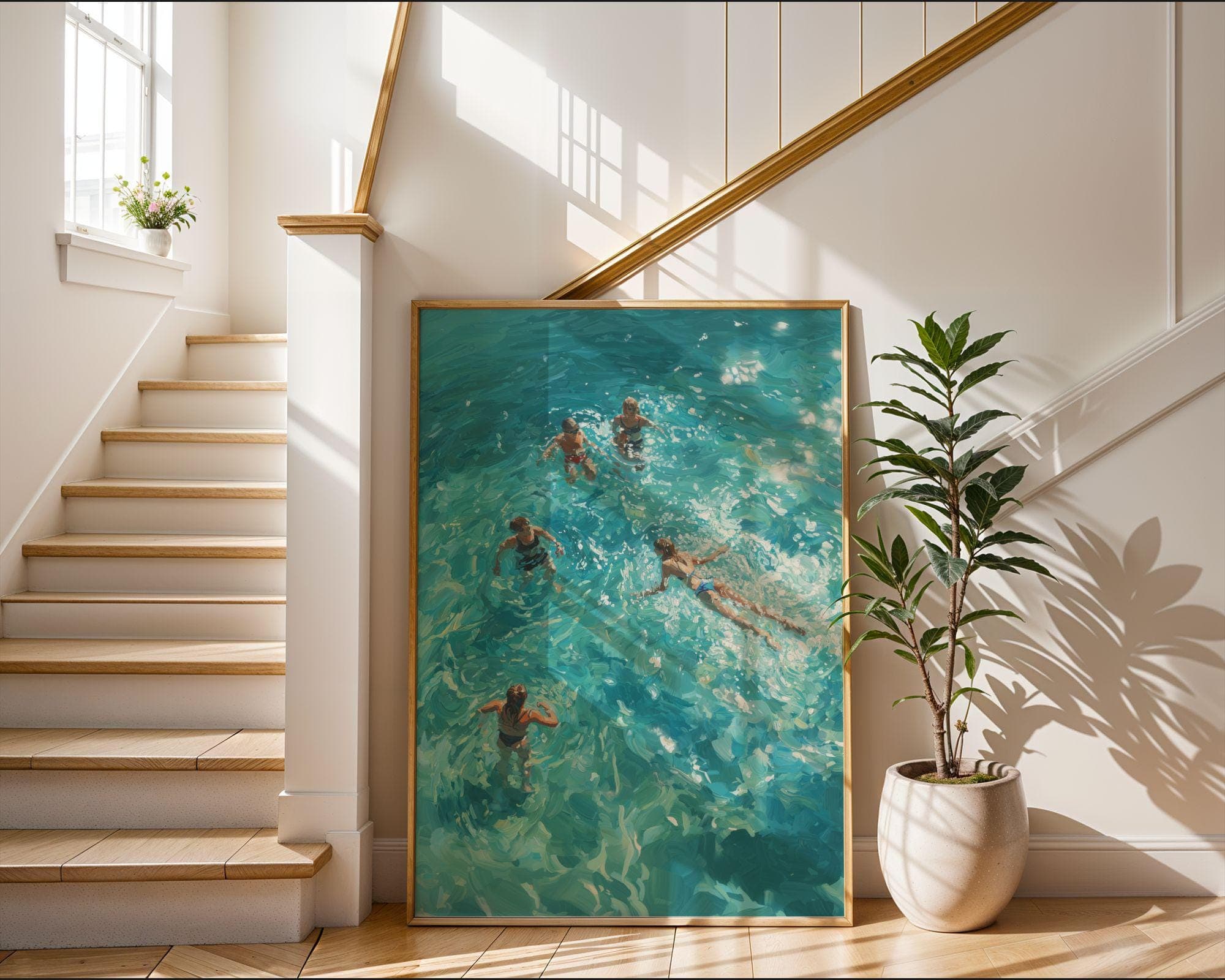 Coastal Wall Art, Turquoise Ocean Swimming Painting, Beach House Wall Decor, Ocean Oil Painting, Beach House Wall Decor, Coastal Bathroom - view 9