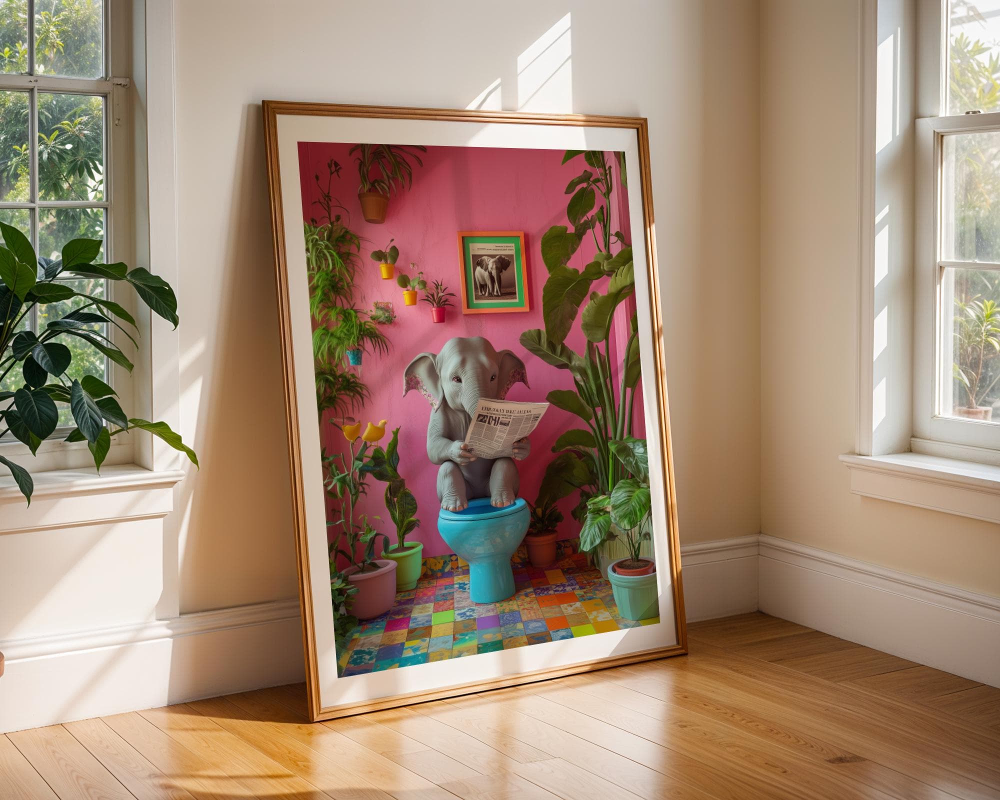 Funny Elephant Bathroom Art, Pink Toilet Art, Quirky Pink Jungle Wall Decor, Restroom Aesthetic Print, Funny Bathroom Decor,Digital Download - view 2