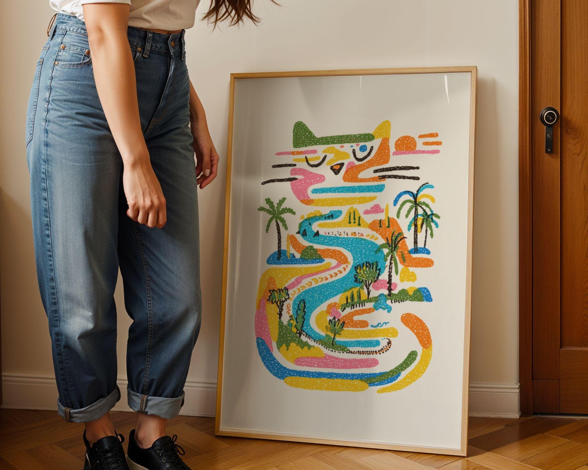 Tropical Cat River Art Print, Colorful Crayon Style (Digital Download) - view 5