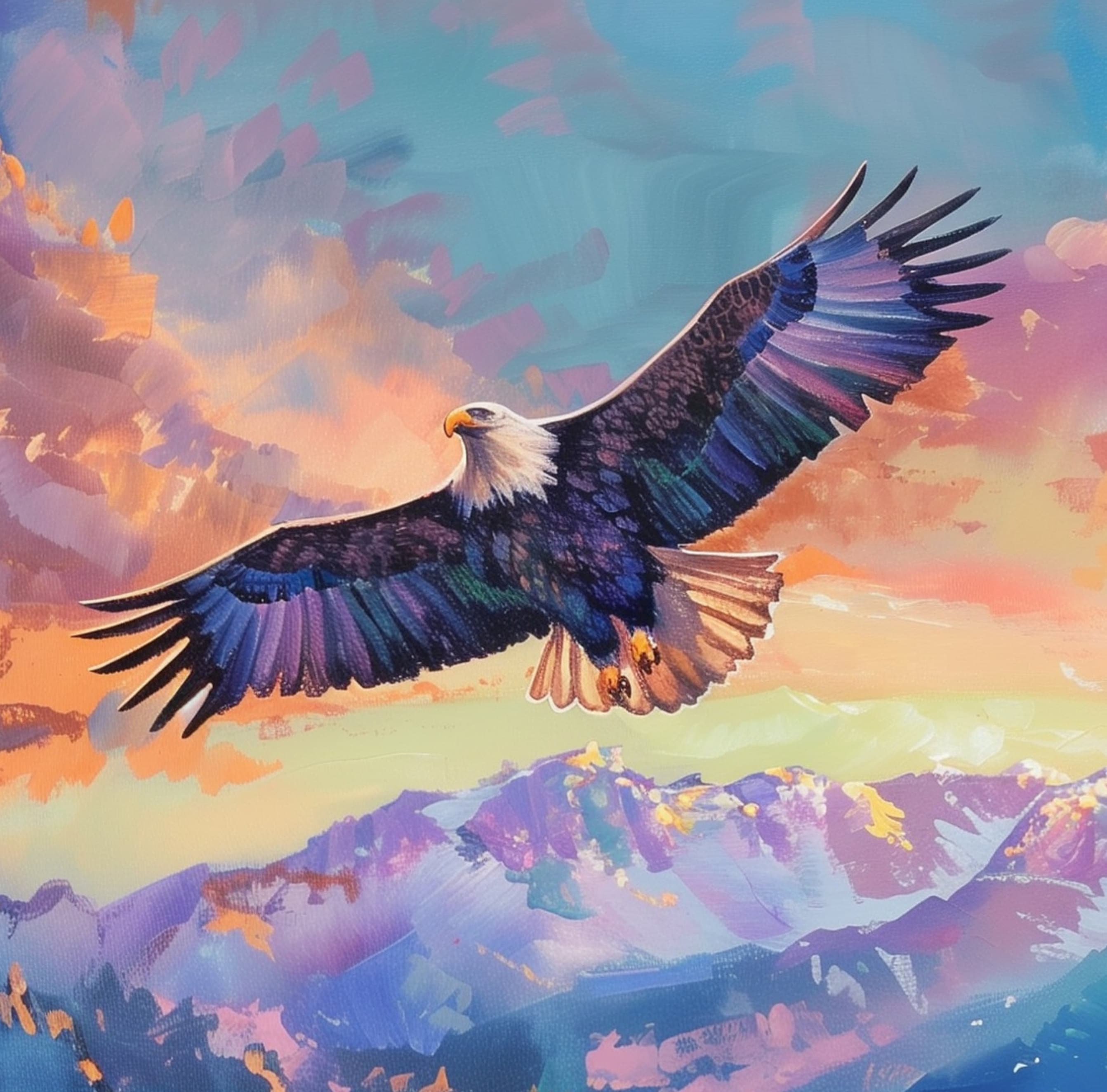 Eagle Flying Mountain Poster, Oil Painting, Eagle Landscape Poster, Wildlife Wall Art, Eagle Soaring, Colorful Mountain Landscape Poster - view 2