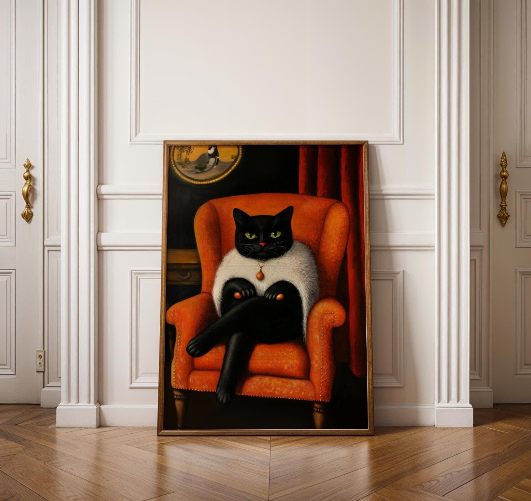 Vintage Black Cat Portrait, Orange and Black Decor Print, Black Cat in Orange Chair, Cool Cat Wall Art, Aristocratic Black Cat Wall Art