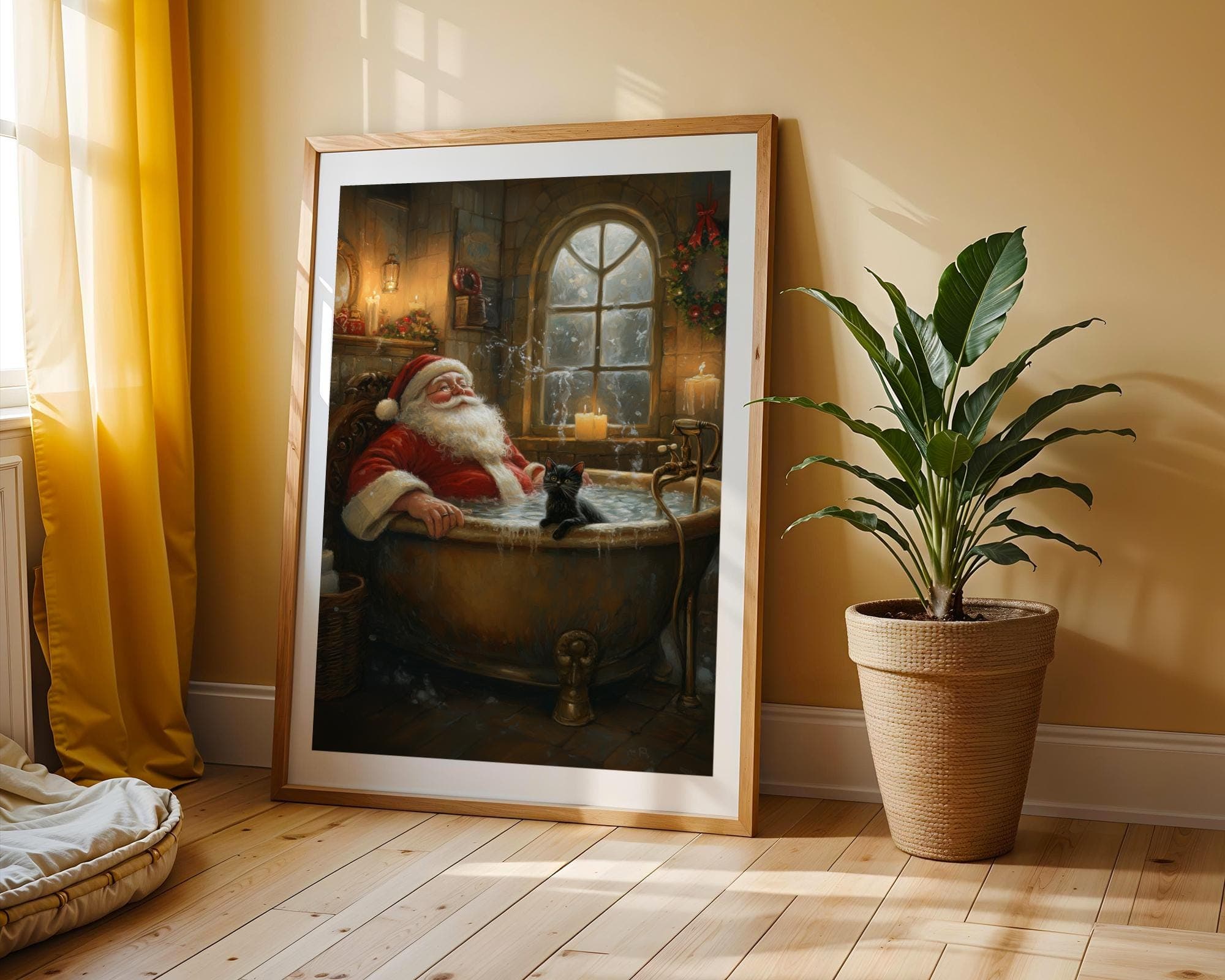 Santa Claus and Black Cat in Bathtub DIGITAL DOWNLOAD, Cat PRINTABLE Wall Art, Maximalist Christmas Home Decor, Santa and Black Cat Wall Art - view 2