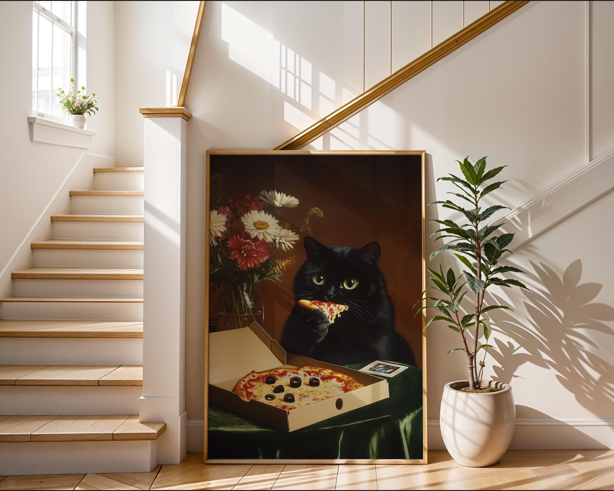 Funny Black Cat Wall Art, Humorous Cat Wall Art, Pizza Lover Gift, Dark Academia Cat Wall Art, Quirky Dining Room Poster, Digital Download - view 3