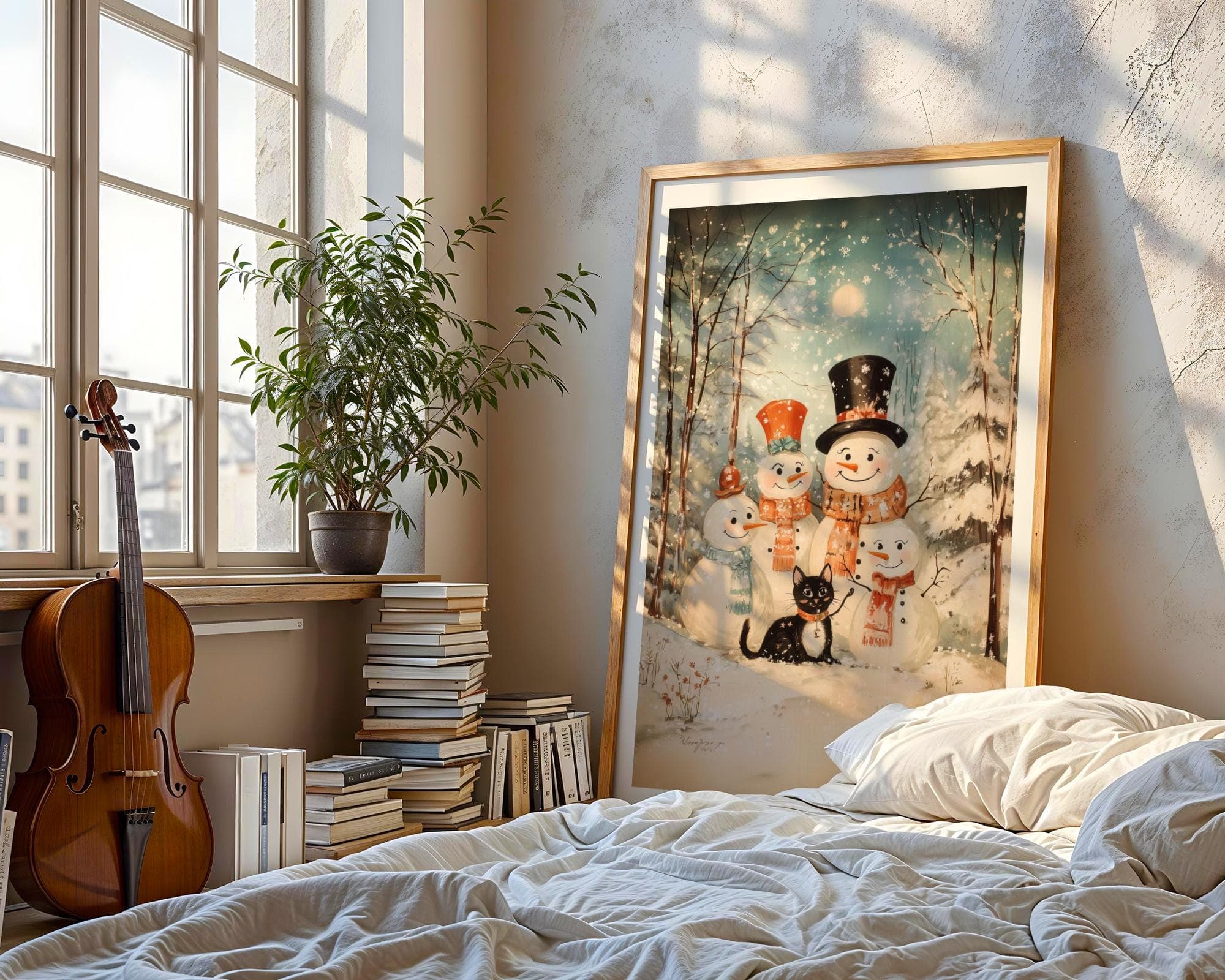 Vintage Snowman Family with Black Cat Painting | Printable Wall Art | Christmas | Antique Christmas Wall Art, Christmas Kids Room Wall Art - view 2