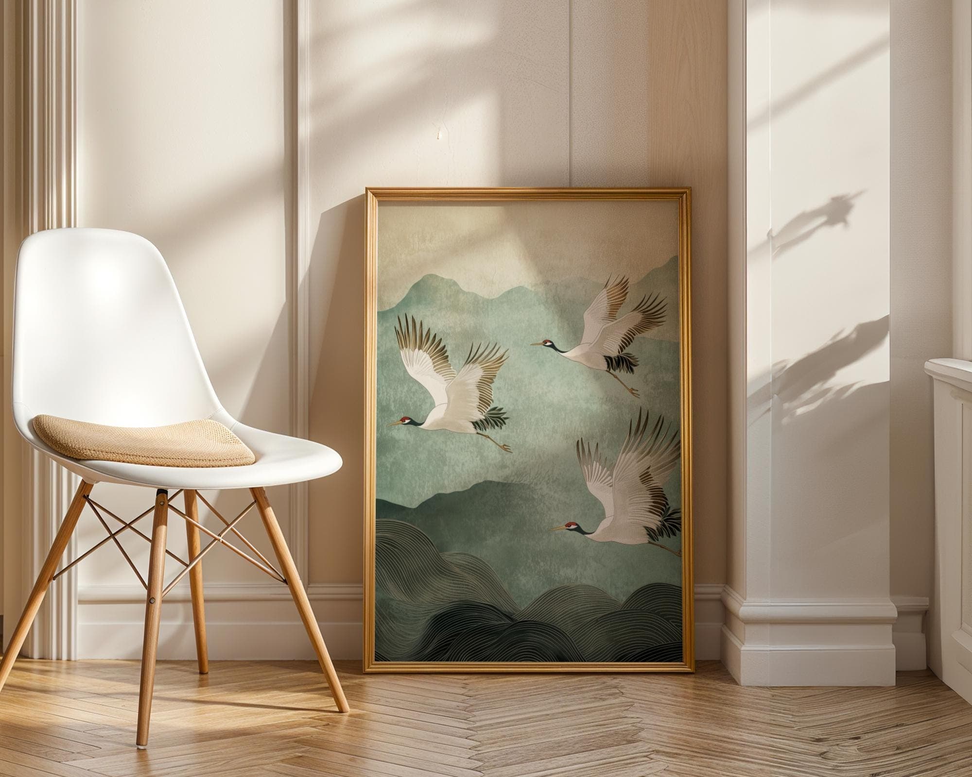 Japandi Wall Art, Japanese Crane Print, Zen Wall Art, Minimalist Bird Poster, Traditional Japanese Art, Wabi Sabi Wall Art, Soft Green Art - view 4