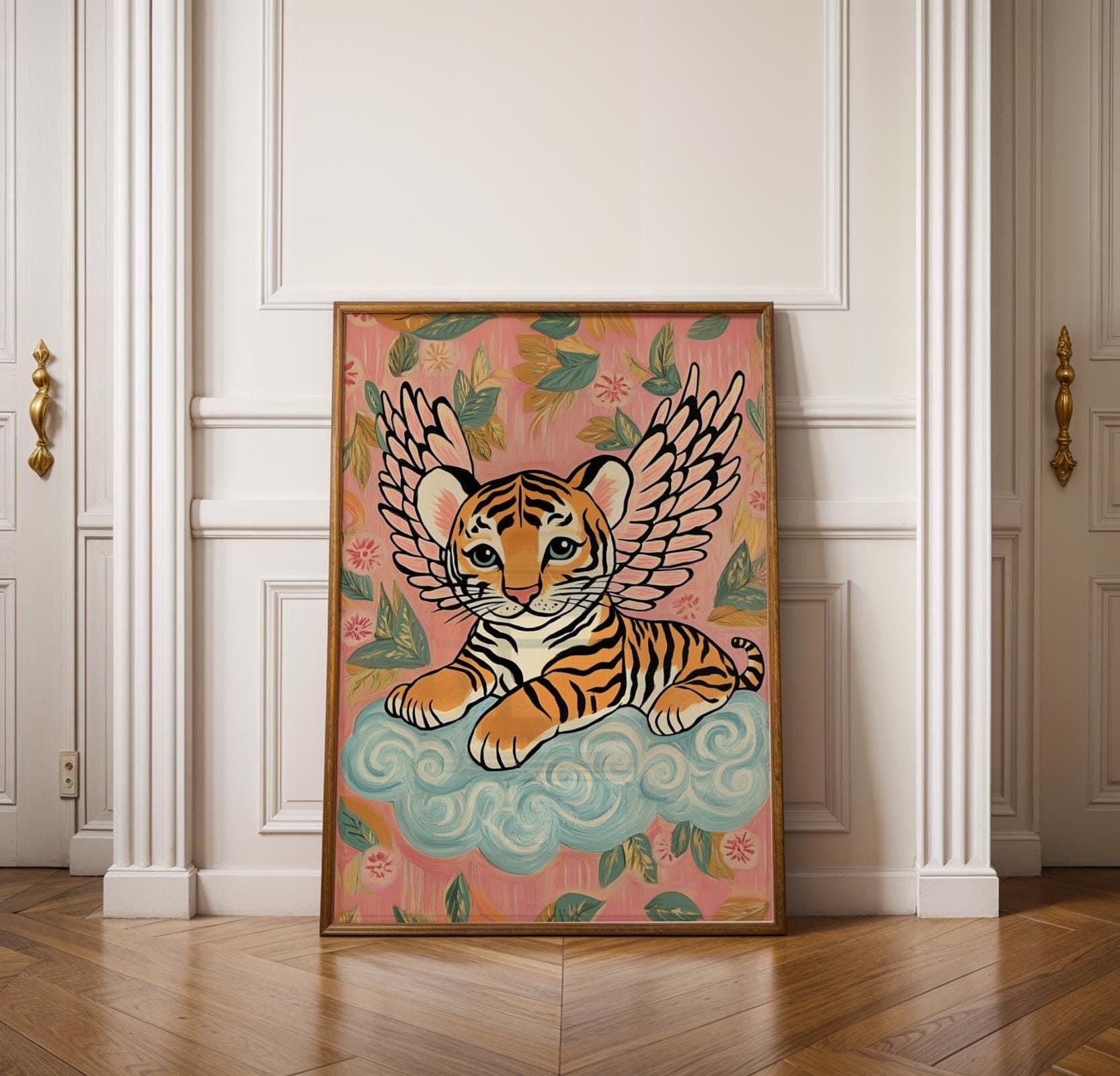 Winged Tiger Wall Art, Whimsical Pink Nursery Decor, Pink and Blue Nursery Art, Angelic Tiger Wall Art, Kids Room Tiger Wall Art, Baby Tiger